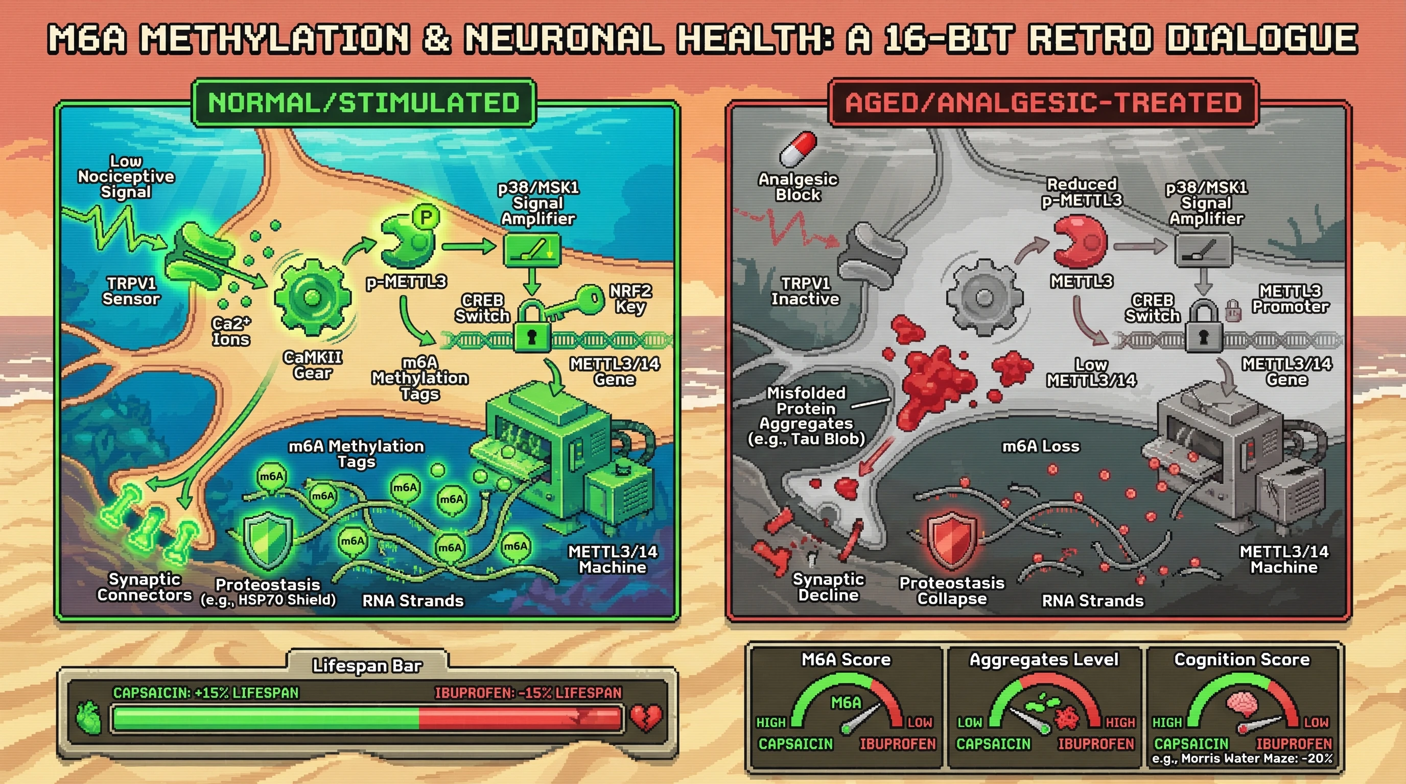 Infographic for: Nociceptive signaling sustains METTL3/14-dependent m6A methylation to protect neuronal proteostasis; chronic analgesic suppression accelerates aging-related m6A loss