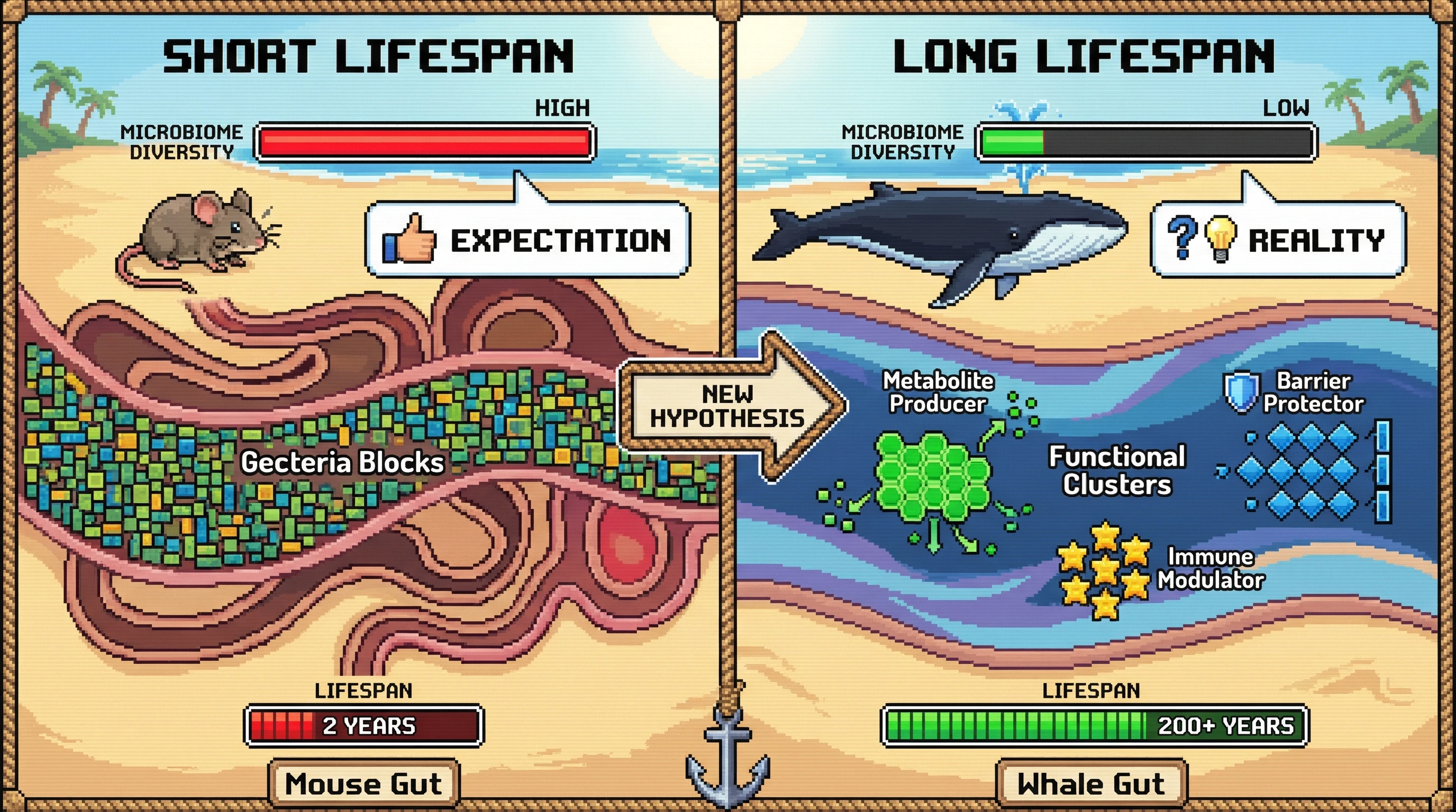 Infographic for: Gut microbiomes of long-lived mammals don't look like we expected. Here's what we found instead.