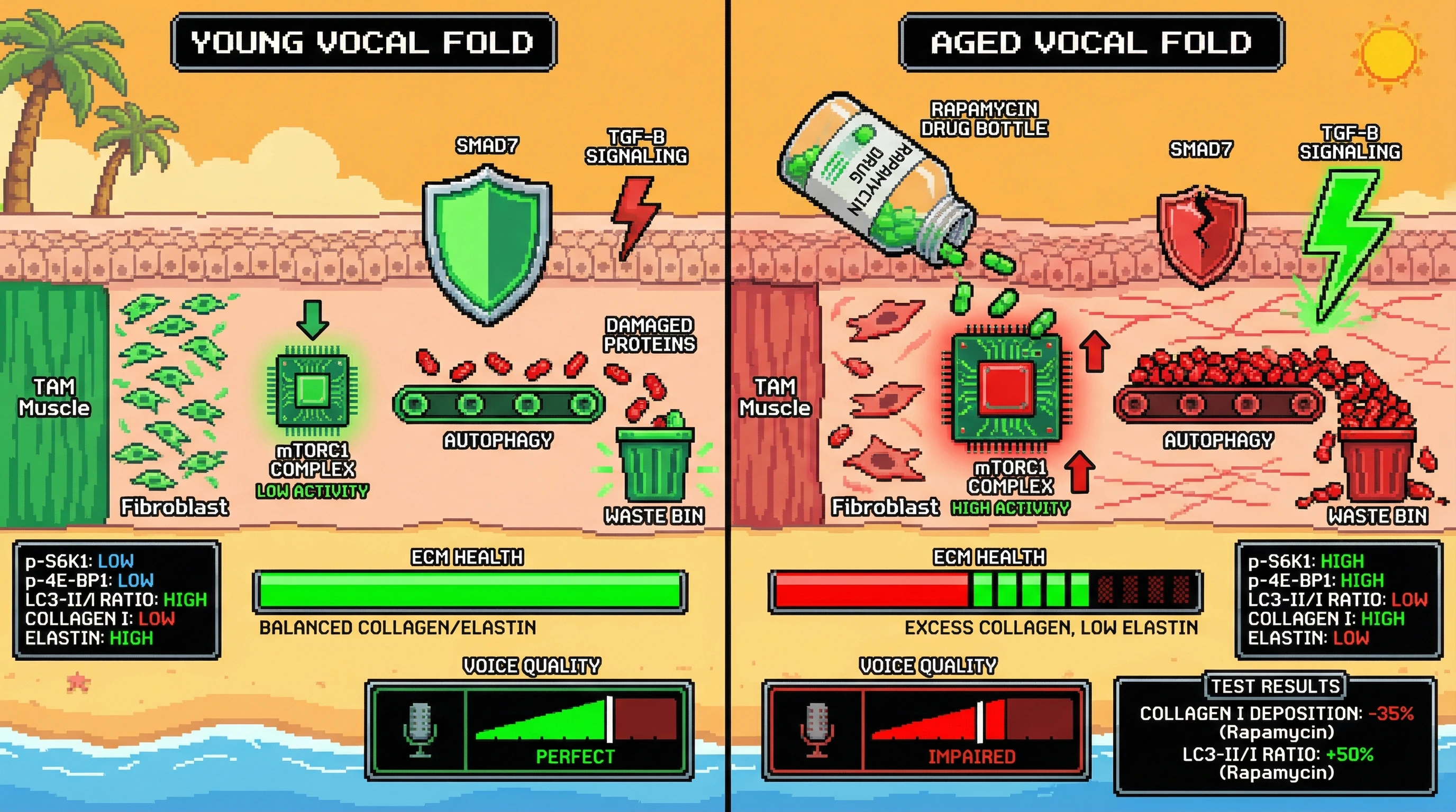 Mechanism: Low mTORC1 activity in young vocal folds maintains active autophagy and balanced ECM, but age-related mTORC1 elevation drives fibrosis and presbyphonia. Readout: Readout: Pharmacological mTORC1 inhibition with rapamycin reduces collagen I deposition by 35% and increases the LC3-II/I ratio by 50%.