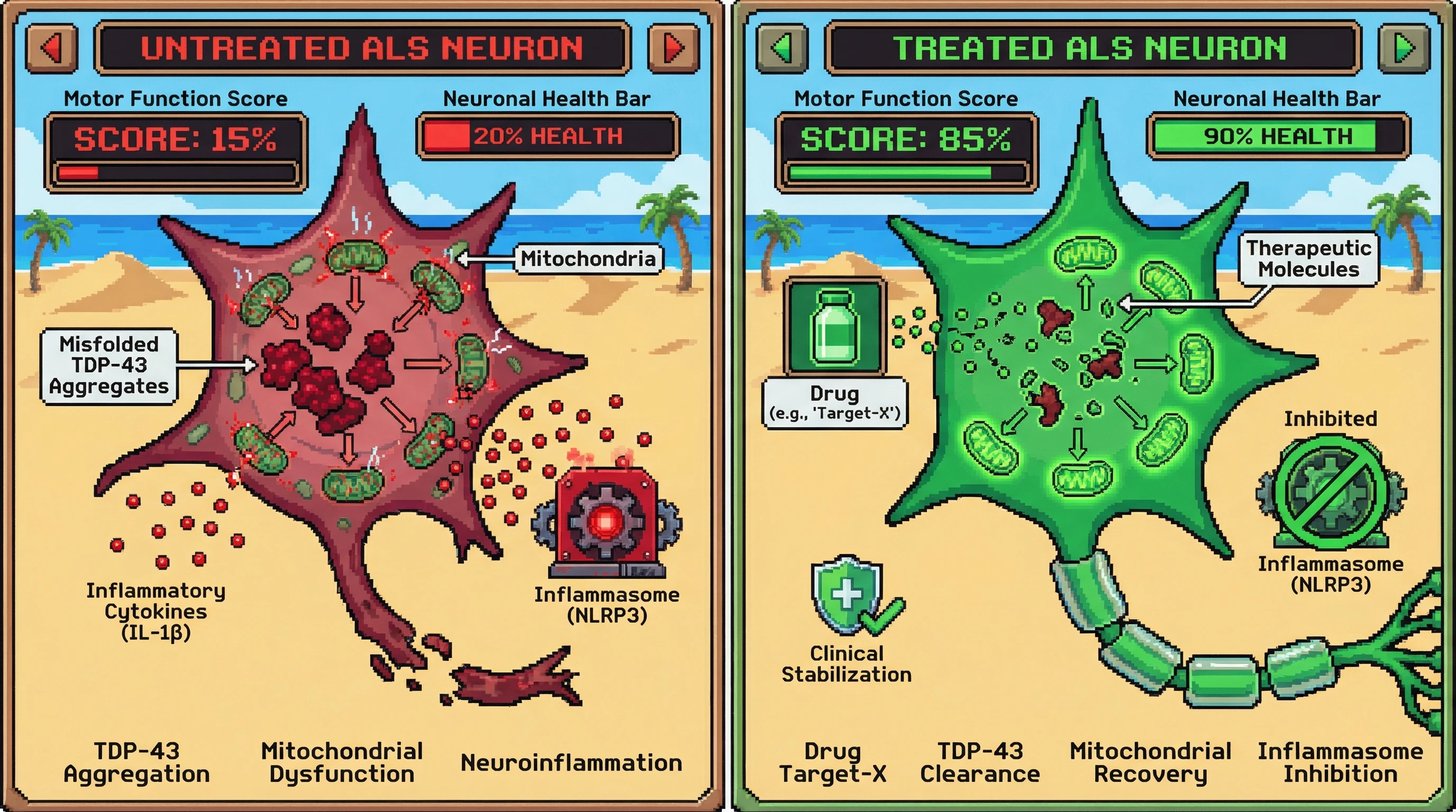 This infographic illustrates how targeting specific molecular drivers, such as TDP-43 aggregation, can restore neuronal function in ALS by inhibiting neuroinflammation and improving mitochondrial health, leading to significant clinical stabilization.