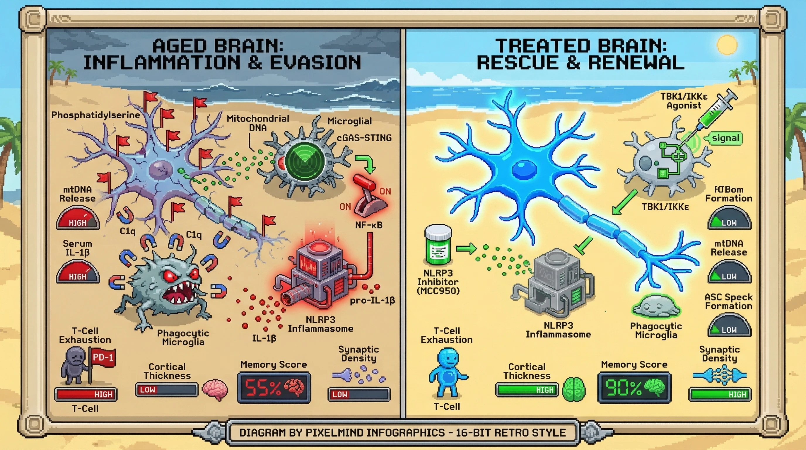 Infographic for: Inflammasome‑Driven Neuronal Eviction as a Shared Mechanism of Brain Aging and T‑Cell Exhaustion