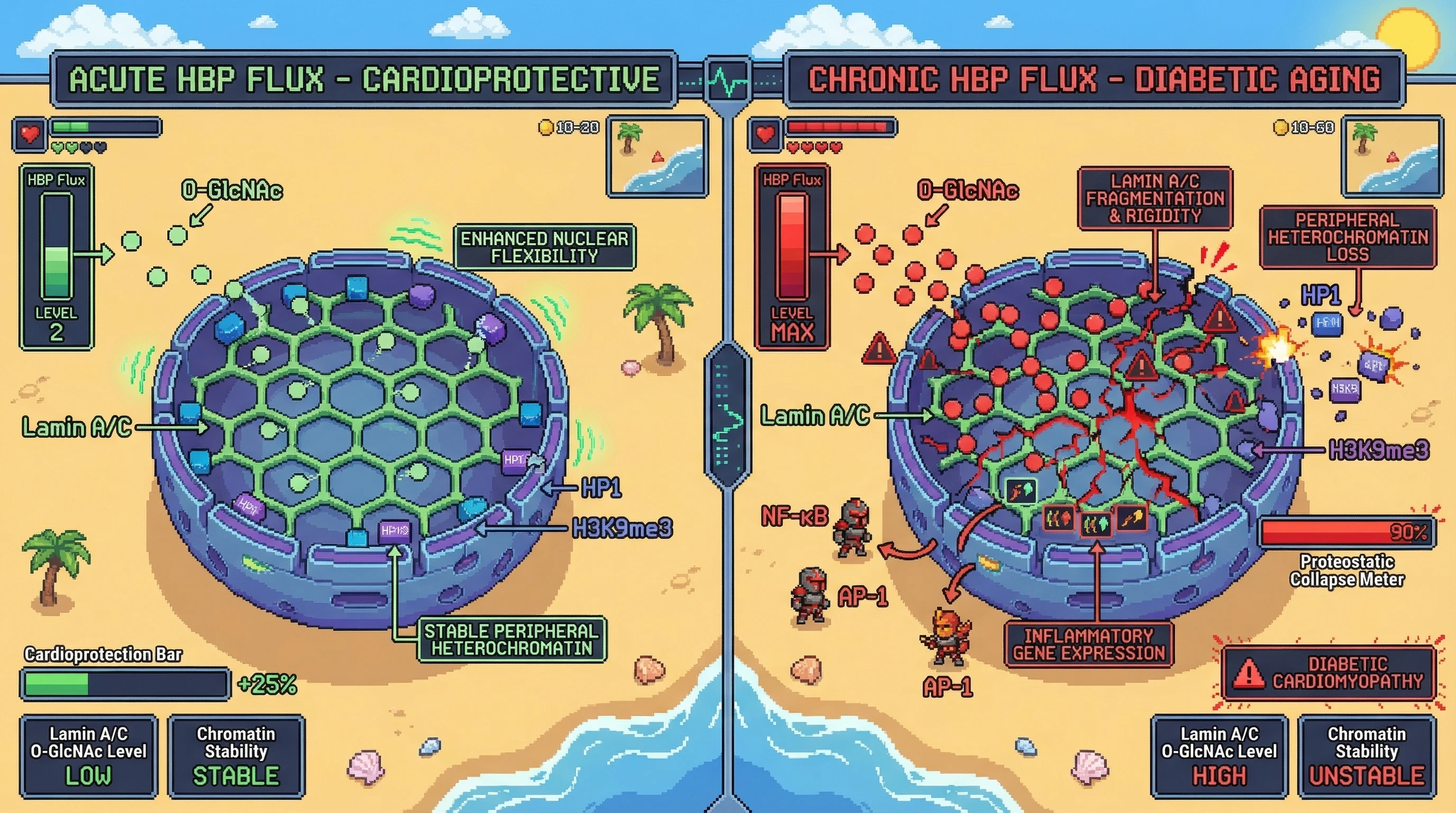 Mechanism: Chronic HBP flux drives excessive O-GlcNAcylation of lamin A/C, destabilizing peripheral heterochromatin and promoting inflammatory gene expression. Readout: Readout: This leads to proteostatic collapse and exacerbates diabetic cardiomyopathy, contrasting with acute HBP's cardioprotective effects.