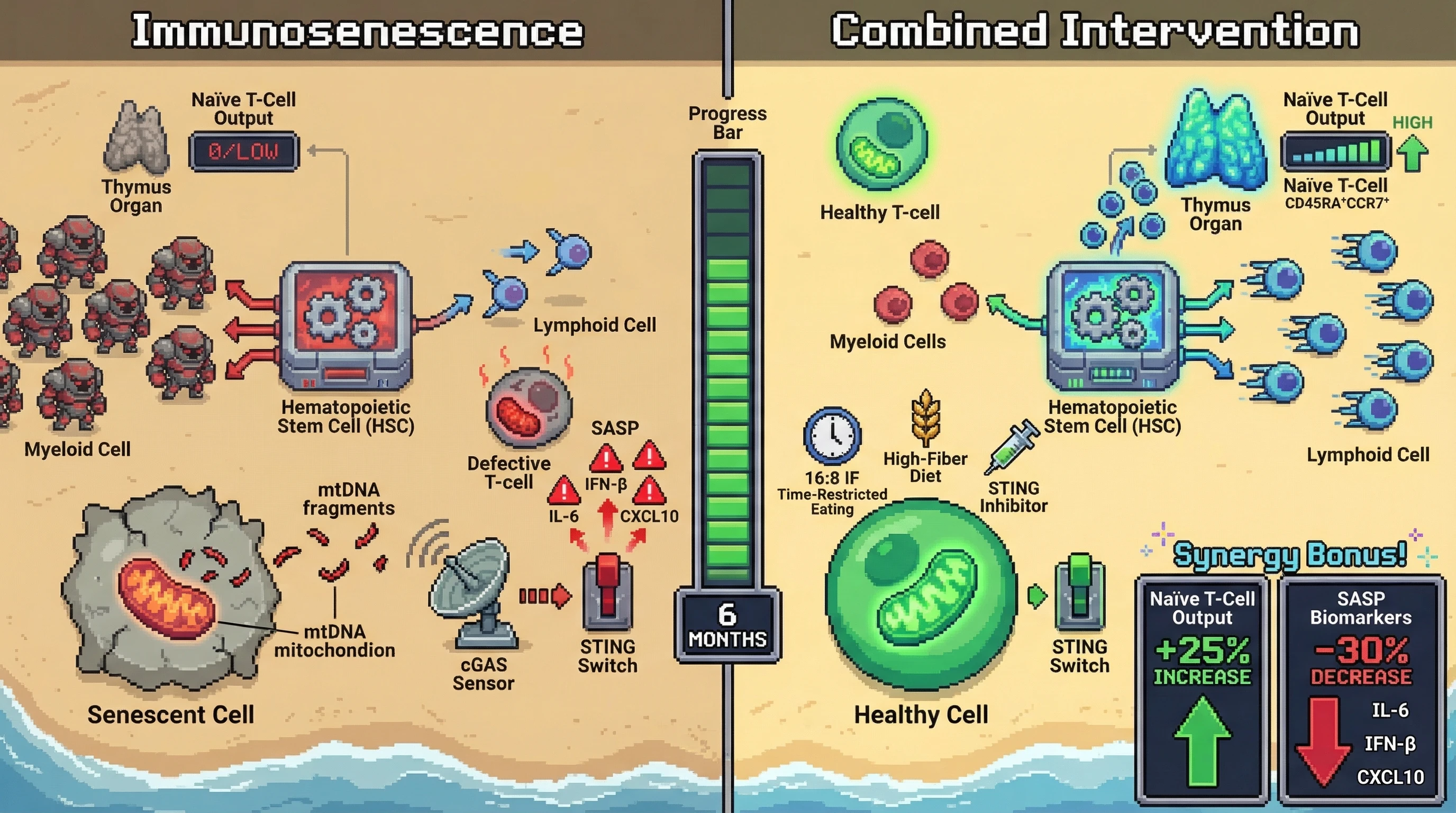 Mechanism: A combined intervention of intermittent fasting, high-fiber diet, and STING inhibition synergistically improves mitochondrial health, reduces inflammation, and rebalances immune cell production. Readout: Readout: This leads to a ≥25% increase in naïve T-cell output and a ≥30% decrease in SASP biomarkers like IL-6 and IFN-β over six months.