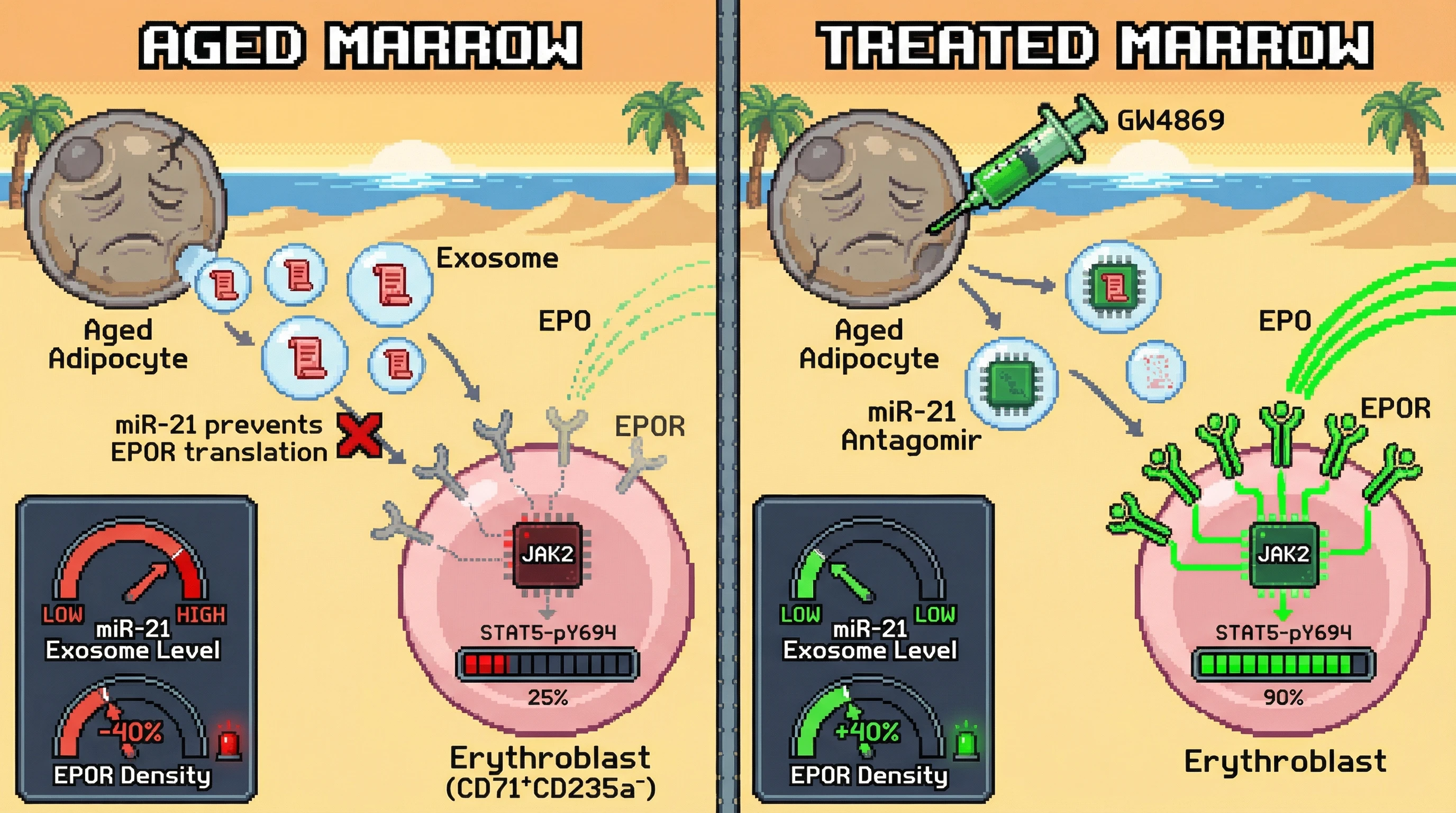 Mechanism: Aged adipocytes release miR-21-rich exosomes that suppress EPOR translation in erythroblasts, impairing EPO signaling. Readout: Readout: Inhibiting exosome secretion with GW4869 or neutralizing miR-21 restores EPOR density and STAT5 phosphorylation to youthful levels.