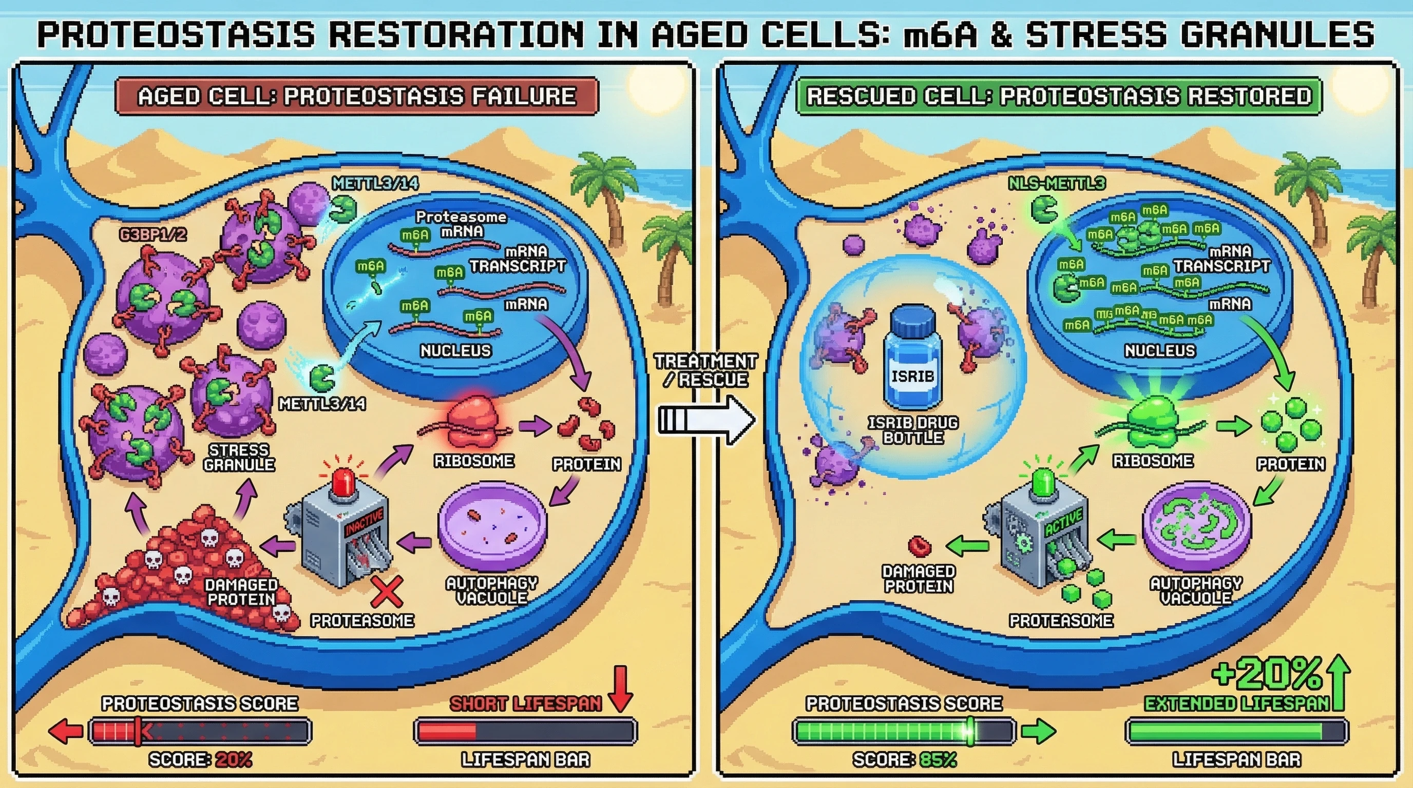 Mechanism: Age-related stress granules trap nuclear METTL3/14, reducing m6A on proteostasis mRNAs and impairing protein cleanup. Readout: Readout: Preventing stress granule formation or restoring nuclear METTL3/14 localization increases proteostasis score and extends lifespan.
