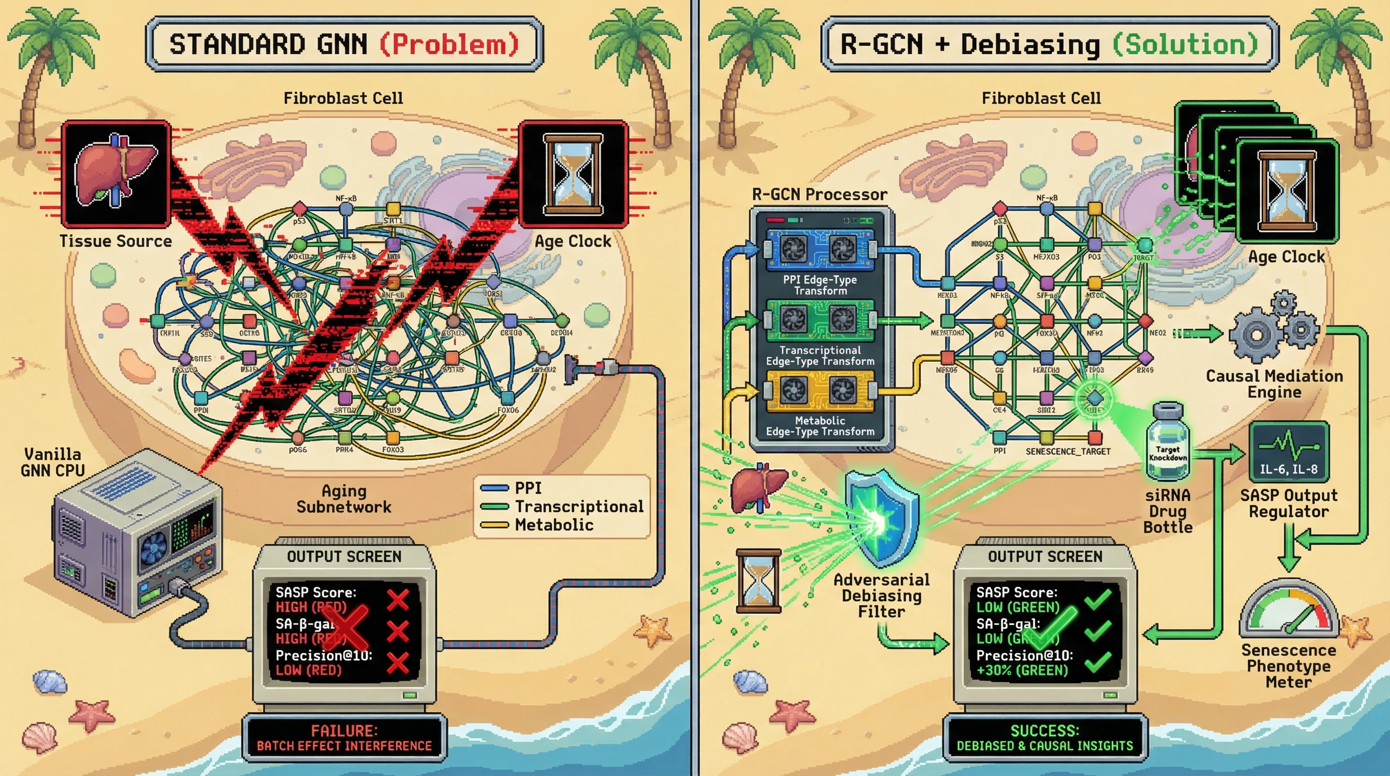 Infographic for: R-GCN with adversarial debiasing and causal mediation identifies senescence-modulating targets in the multilayer aging subnetwork