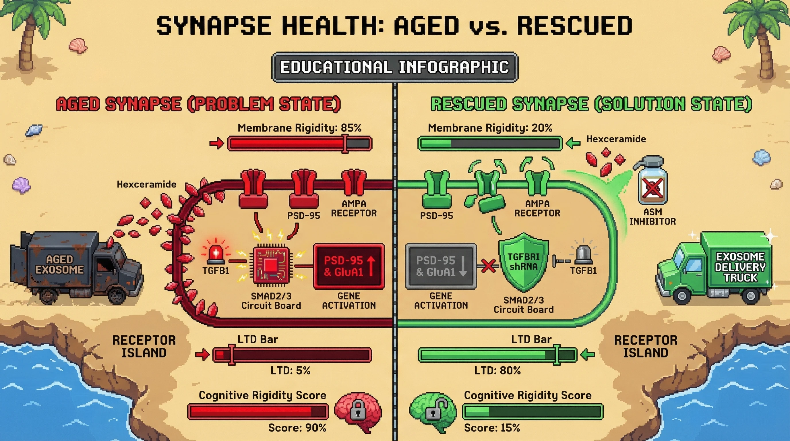 Infographic for: Aged exosomes drive synaptic over-consolidation via hexceramide-mediated membrane stiffening and TGFB1-SMAD-dependent PSD-95 stabilization