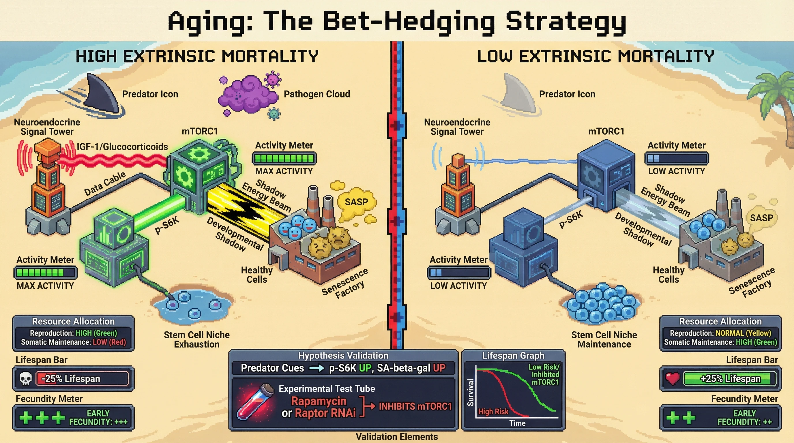 Infographic for: Agingas an Evolved Bet-Hedging Mechanism: mTOR-Driven Developmental Shadow Programs Modulate Senescence in Response to Extrinsic Mortality
