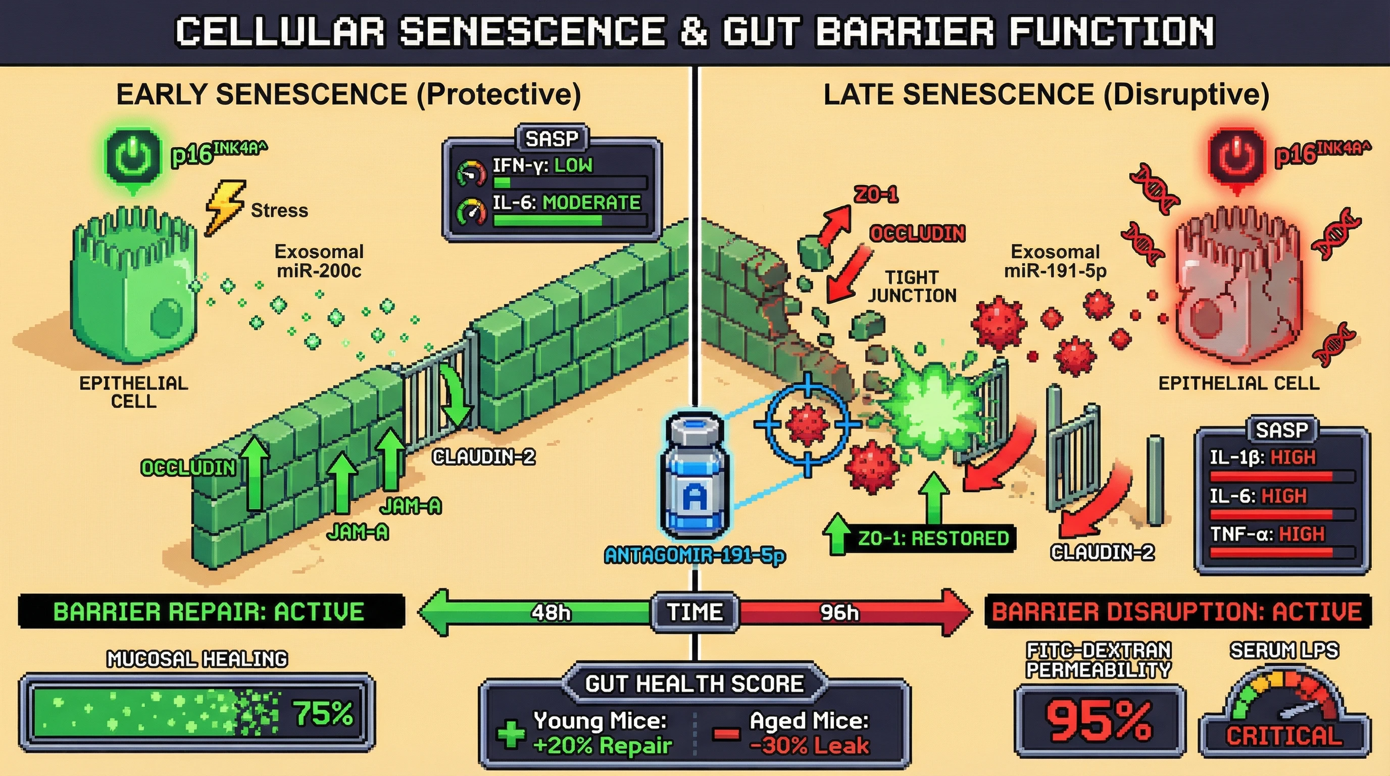 Mechanism: Early epithelial senescence, driven by miR-200c, promotes gut barrier repair, but prolonged senescence shifts to a pathogenic state via miR-191-5p, disrupting tight junctions. Readout: Readout: Mucosal healing increases within 48h, while later stages show elevated FITC-dextran permeability and serum LPS.