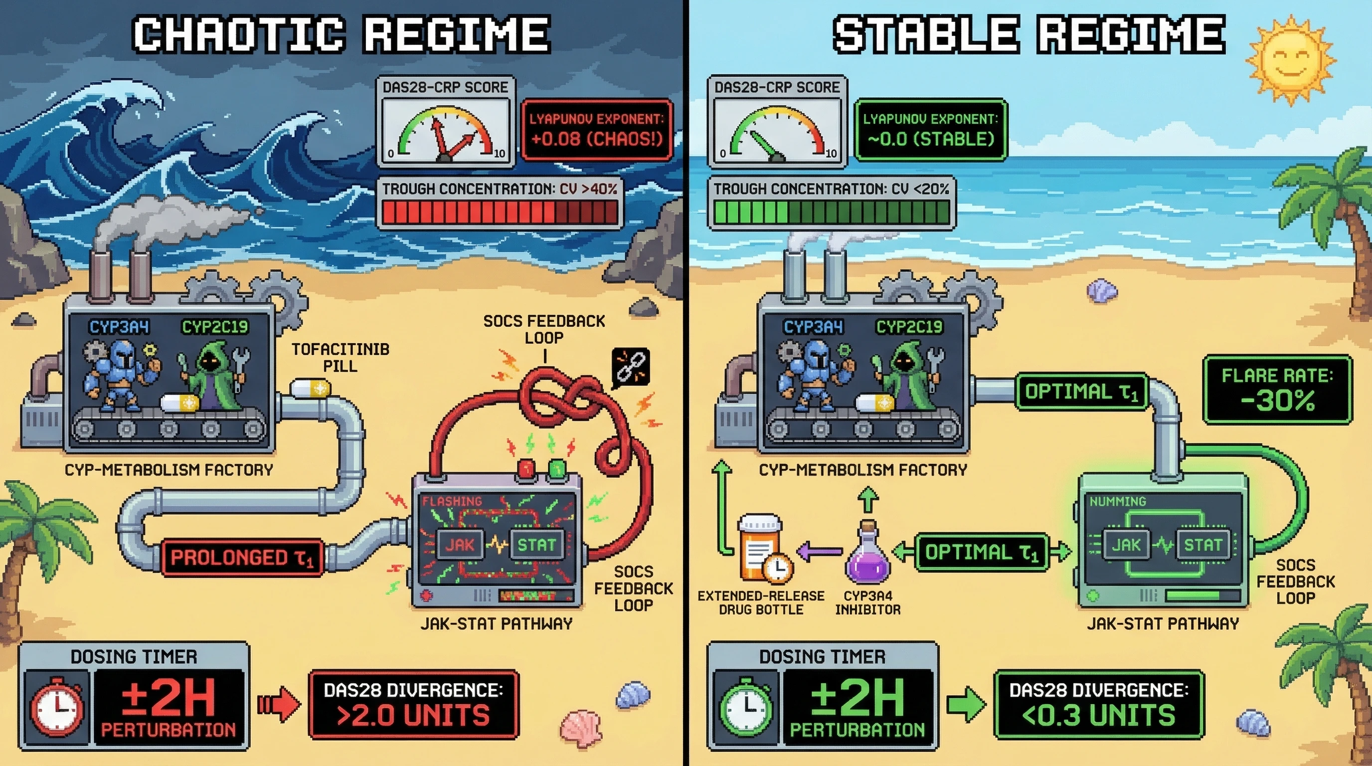 Infographic for: Delay-Differential Equation Models of Tofacitinib Pharmacokinetics With CYP3A4/CYP2C19 Pharmacogenomic Variability Reveal Chaotic Dosing Windows Where Minor Timing Perturbations Cause Bifurcation Between Sustained Remission and Flare in Rheumatoid Arthritis