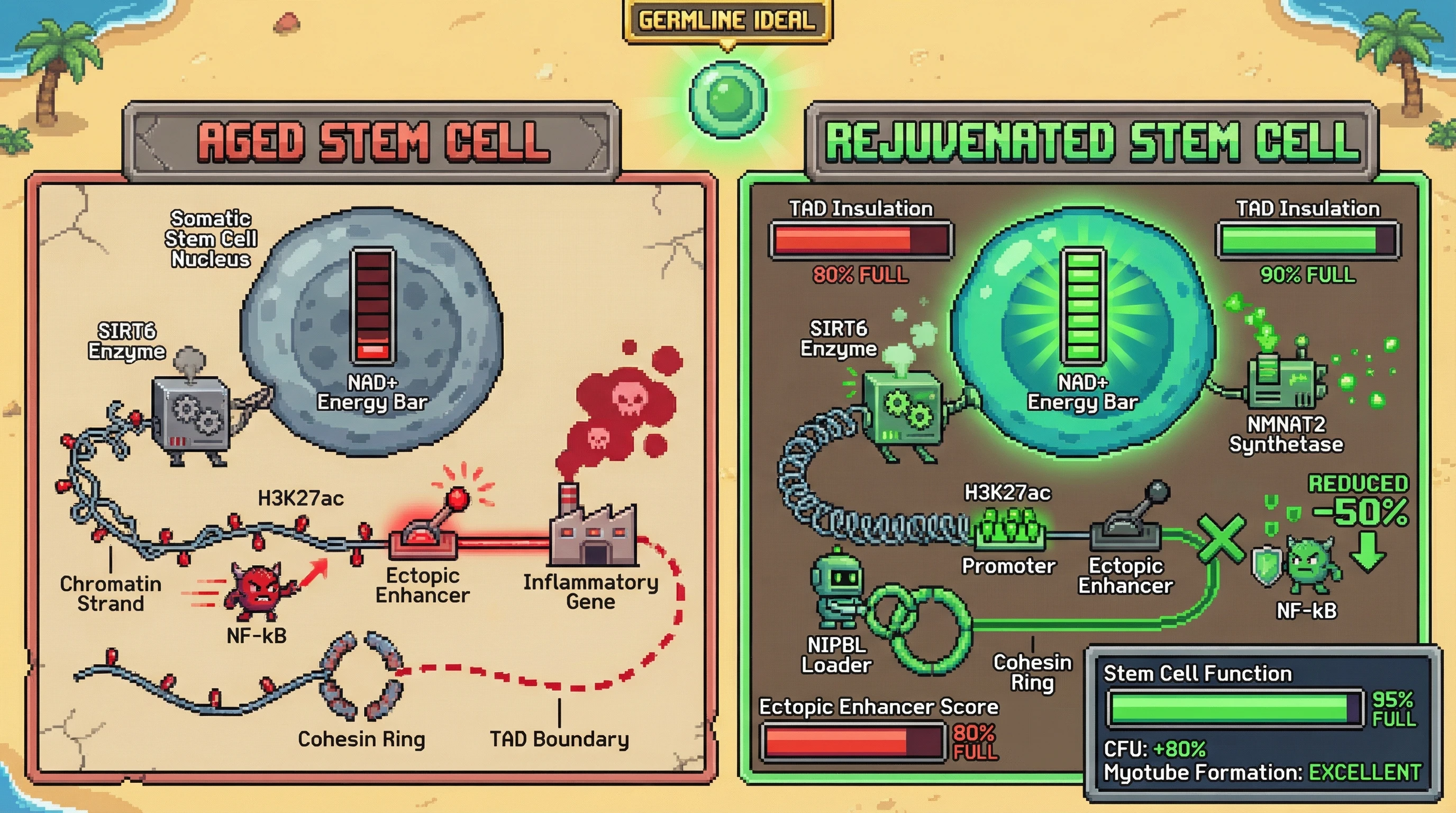 Infographic for: Germline-level cohesin loading and NAD+-dependent SIRT6 activity as a reversible brake on inflammatory enhancer drift in somatic stem cells