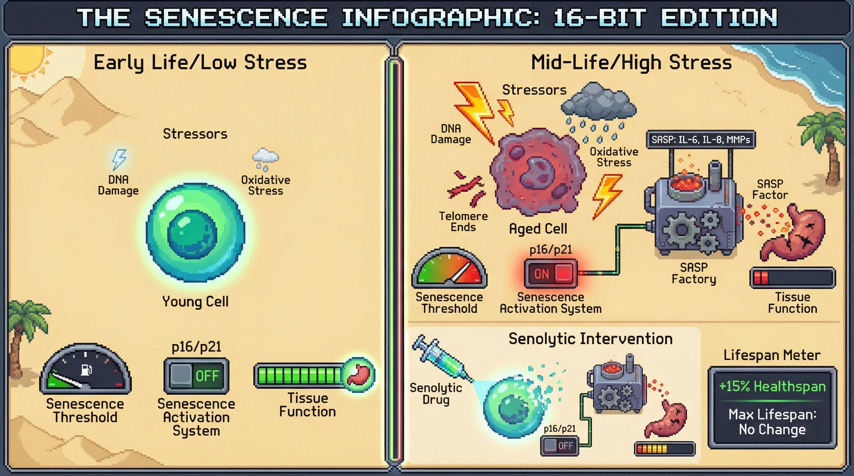Mechanism: Cumulative stressors activate the p16/p21 senescence switch, triggering SASP factor secretion that degrades tissue function. Readout: Readout: Senolytic intervention clears senescent cells, increasing healthspan by 15% without extending maximal lifespan.