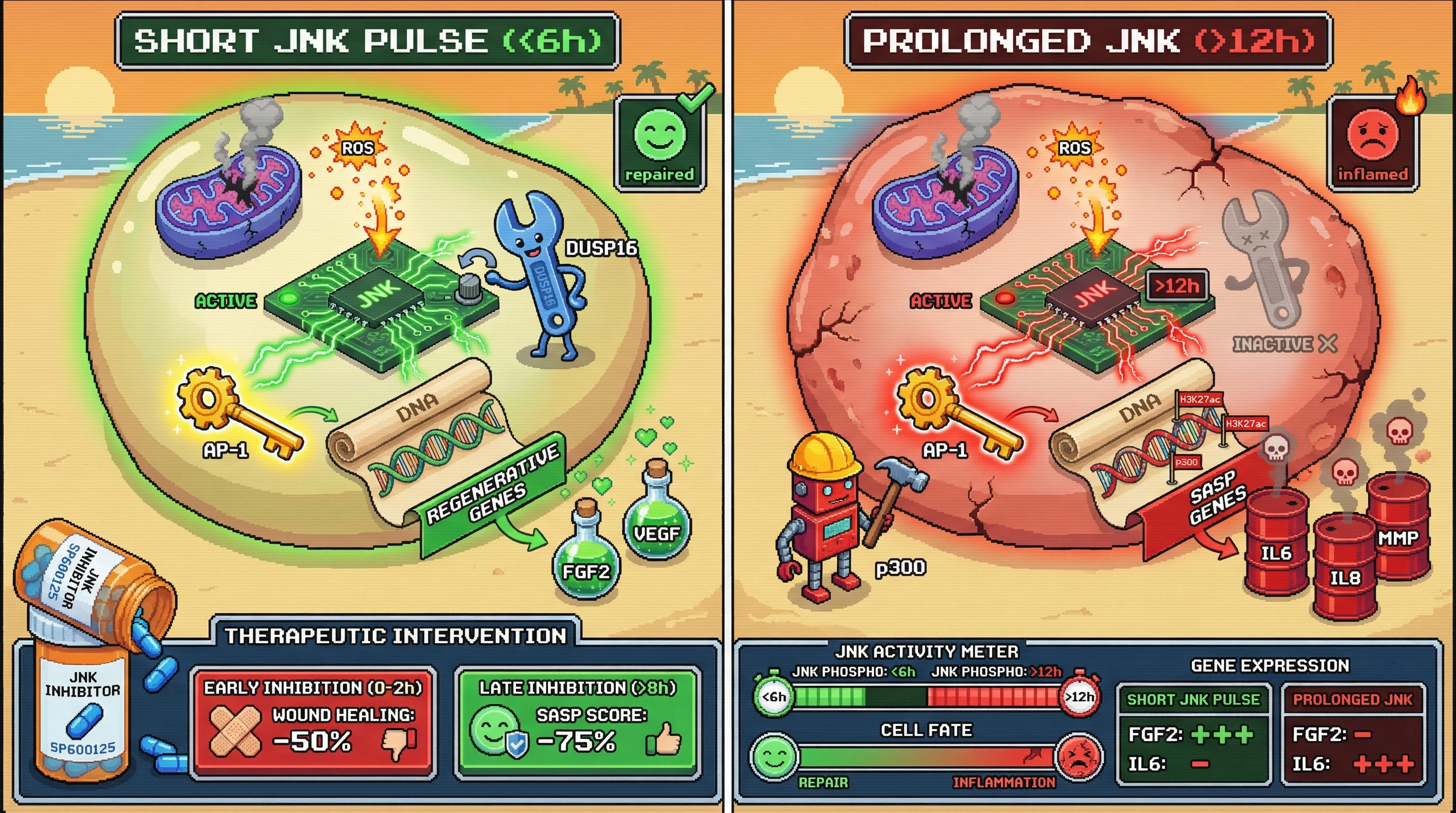 Mechanism: The duration of JNK kinase activity dictates whether AP-1 drives regenerative programs or a chronic SASP by controlling p300 recruitment and chromatin remodeling. Readout: Readout: Short JNK pulses lead to regenerative gene expression and cell repair, while prolonged JNK activity induces pro-inflammatory SASP genes and inflammation.