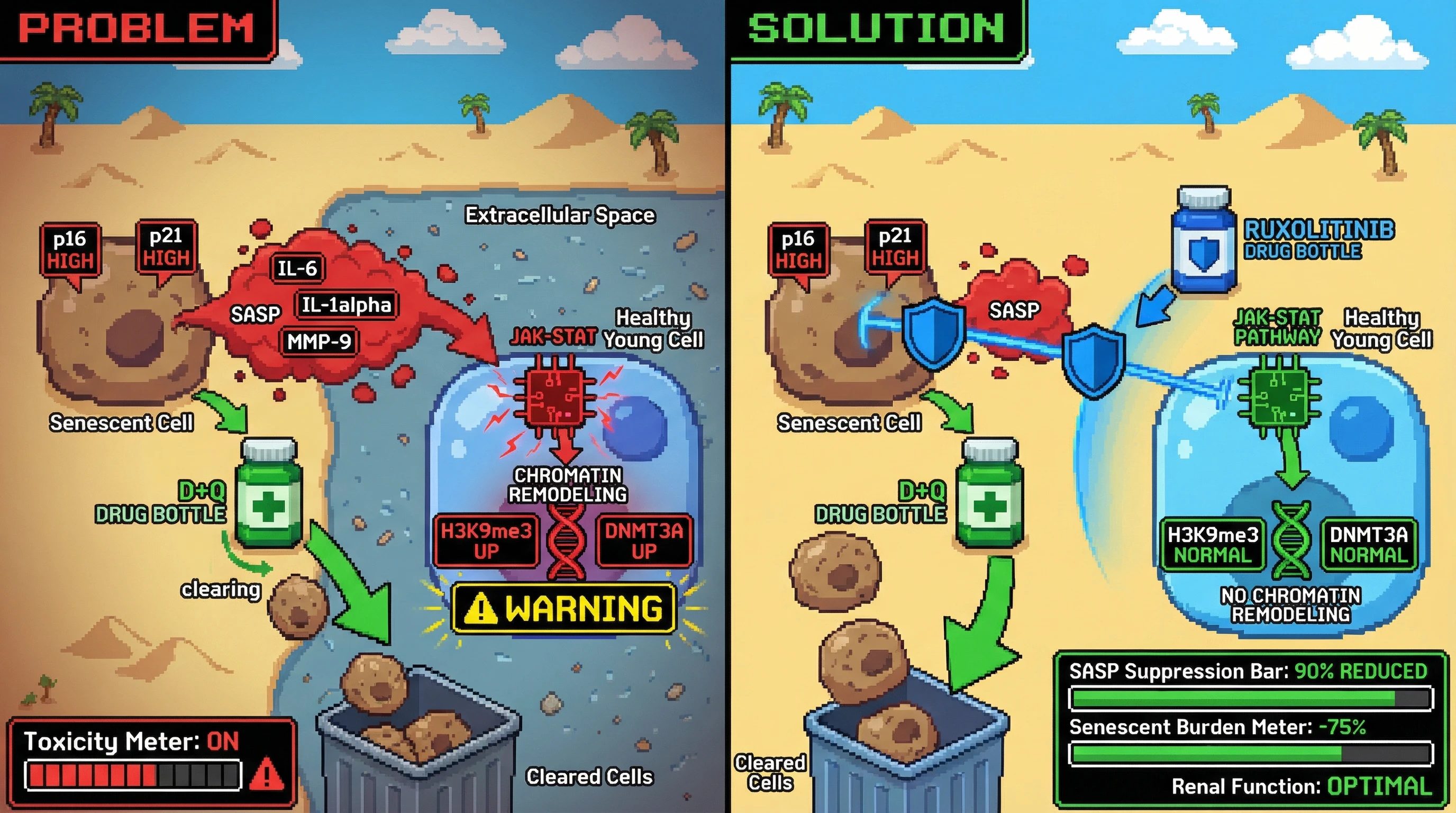 Infographic for: Intermittent Senolytic Plus JAK Inhibition Mitigates Off-Target Chromatin Remodeling While Enhancing Senescent Cell Clearance