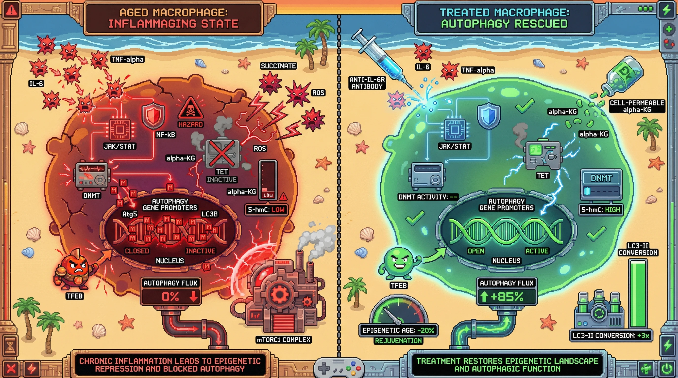 Mechanism: Inflammaging-induced cytokines activate DNMTs and inhibit TET enzymes, leading to autophagy gene methylation and stalled autophagic flux. Readout: Readout: Interventions like IL-6R blockade or alpha-KG supplementation restore TET activity, reduce methylation, and increase autophagic flux, decreasing epigenetic age.