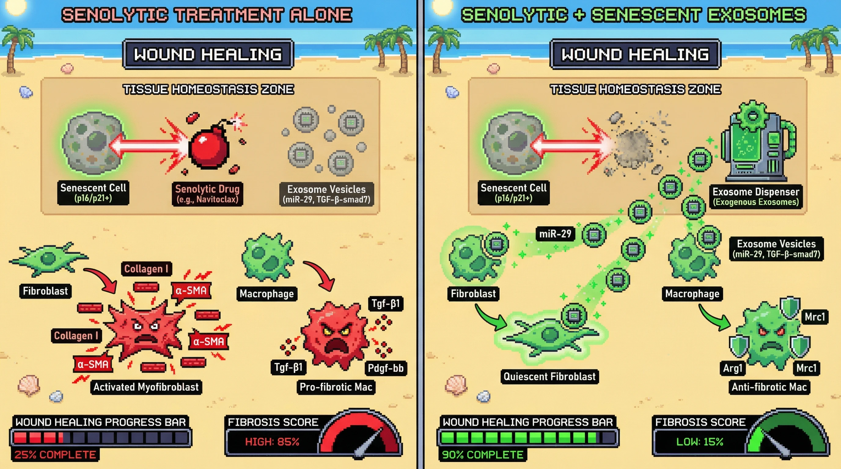 Infographic for: Senescent Cell-Derived Exosomes Preserve Tissue Homeostasis by Modulating Fibroblast Activation and Macrophage Polarization