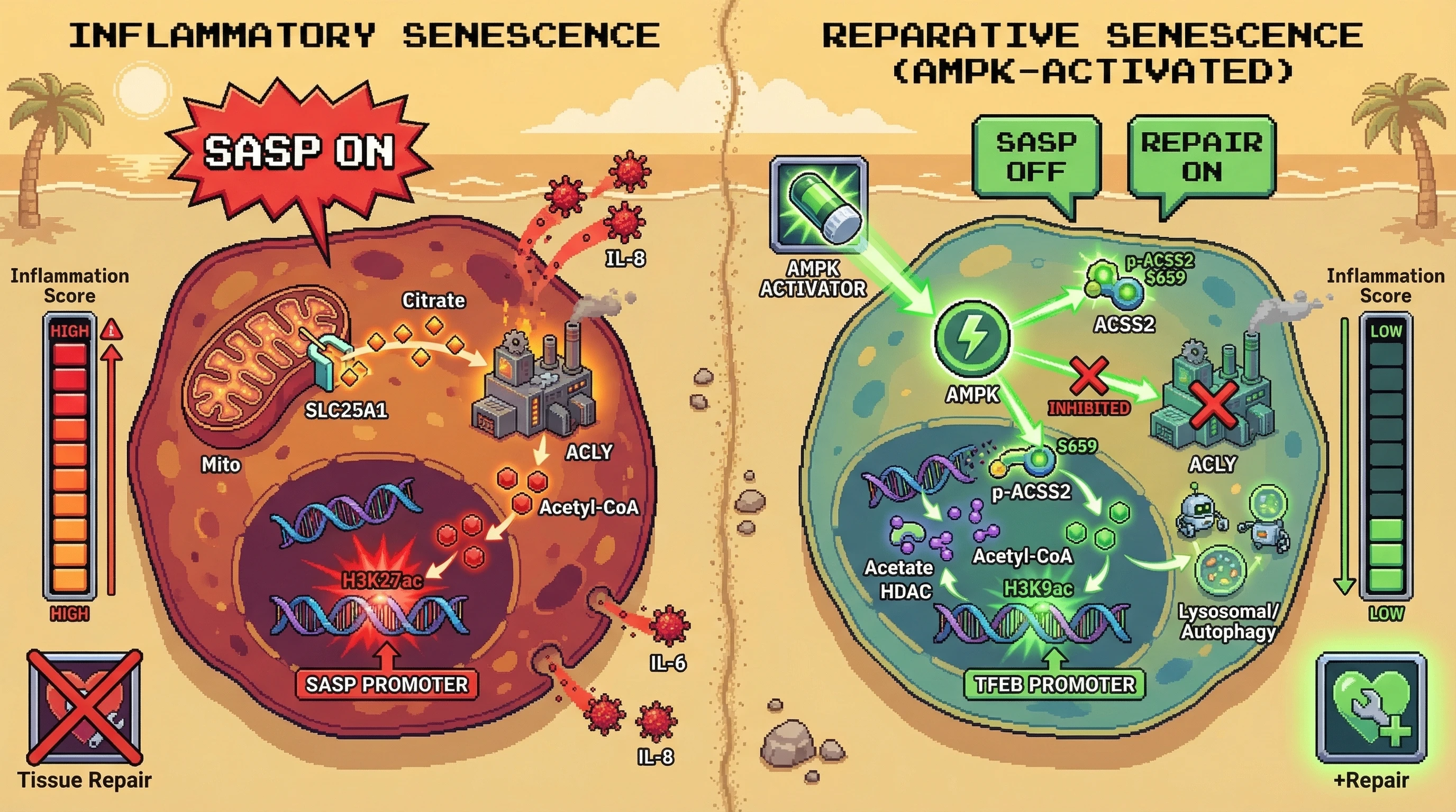 Mechanism: AMPK activation in senescent cells shifts nuclear acetyl-CoA production from ACLY to ACSS2, reducing inflammatory H3K27ac and increasing reparative H3K9ac. Readout: Readout: This metabolic rewiring suppresses SASP factors like IL-6/IL-8 while promoting tissue repair functions.