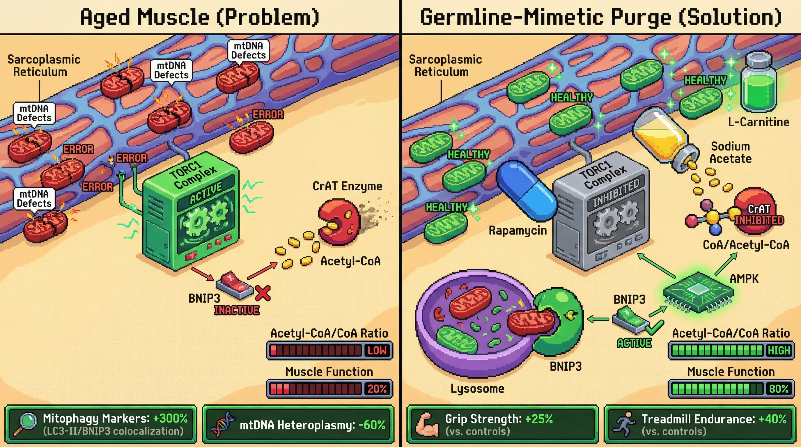 Mechanism: Pulsatile TORC1 inhibition and acetyl-CoA elevation mimic germline mtDNA quality control, activating BNIP3-dependent mitophagy to clear defective mitochondria. Readout: Readout: This process significantly increases mitophagy markers, reduces mtDNA heteroplasmy, and improves muscle function like grip strength and treadmill endurance.