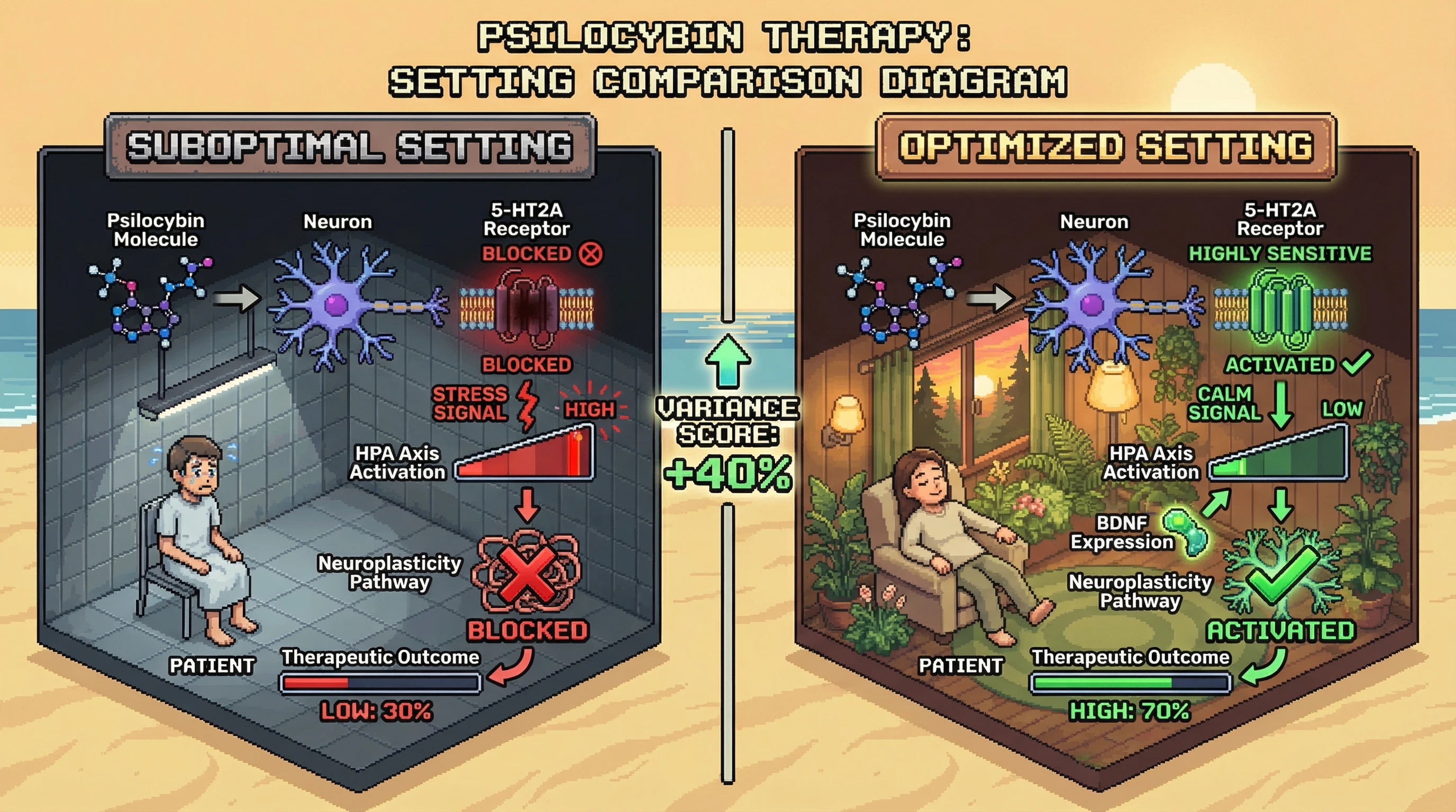 This infographic illustrates how environmental 'set and setting' profoundly modulate psilocybin's therapeutic outcomes by influencing 5-HT2A receptor sensitivity and neuroplasticity pathways, demonstrating effects comparable to drug dosage itself.