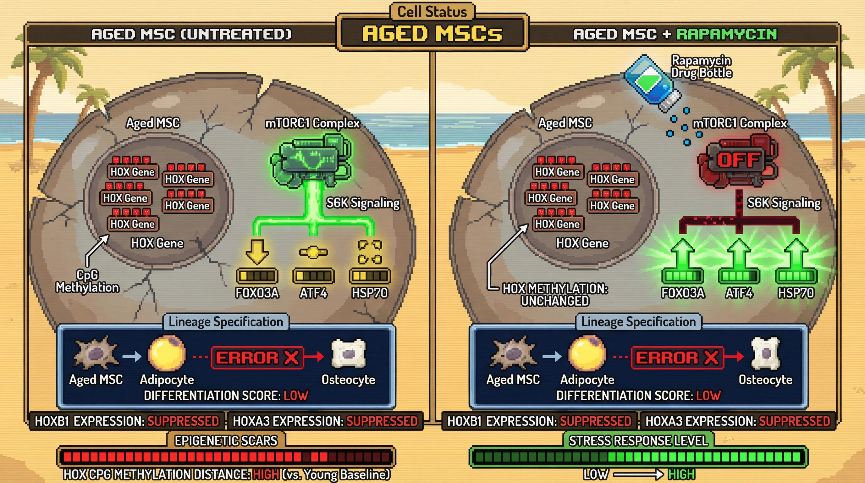 Infographic for: Rapamycin impersonates scarcity but fails to erase HOX methylation scars in aged MSCs