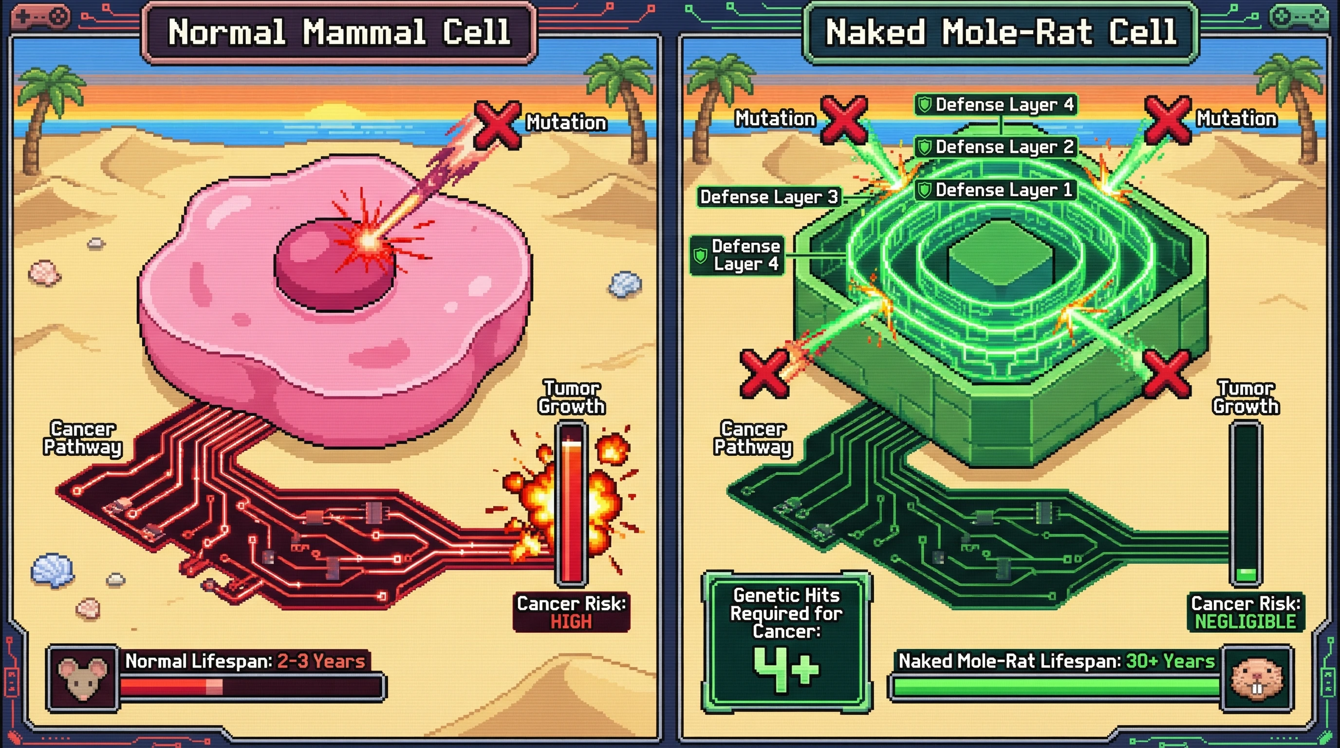 This infographic illustrates the naked mole-rat's extraordinary resistance to cancer, showcasing how its multi-layered cellular defenses require at least four genetic mutations to be overcome, unlike typical mammals where a single mutation can initiate tumor growth.