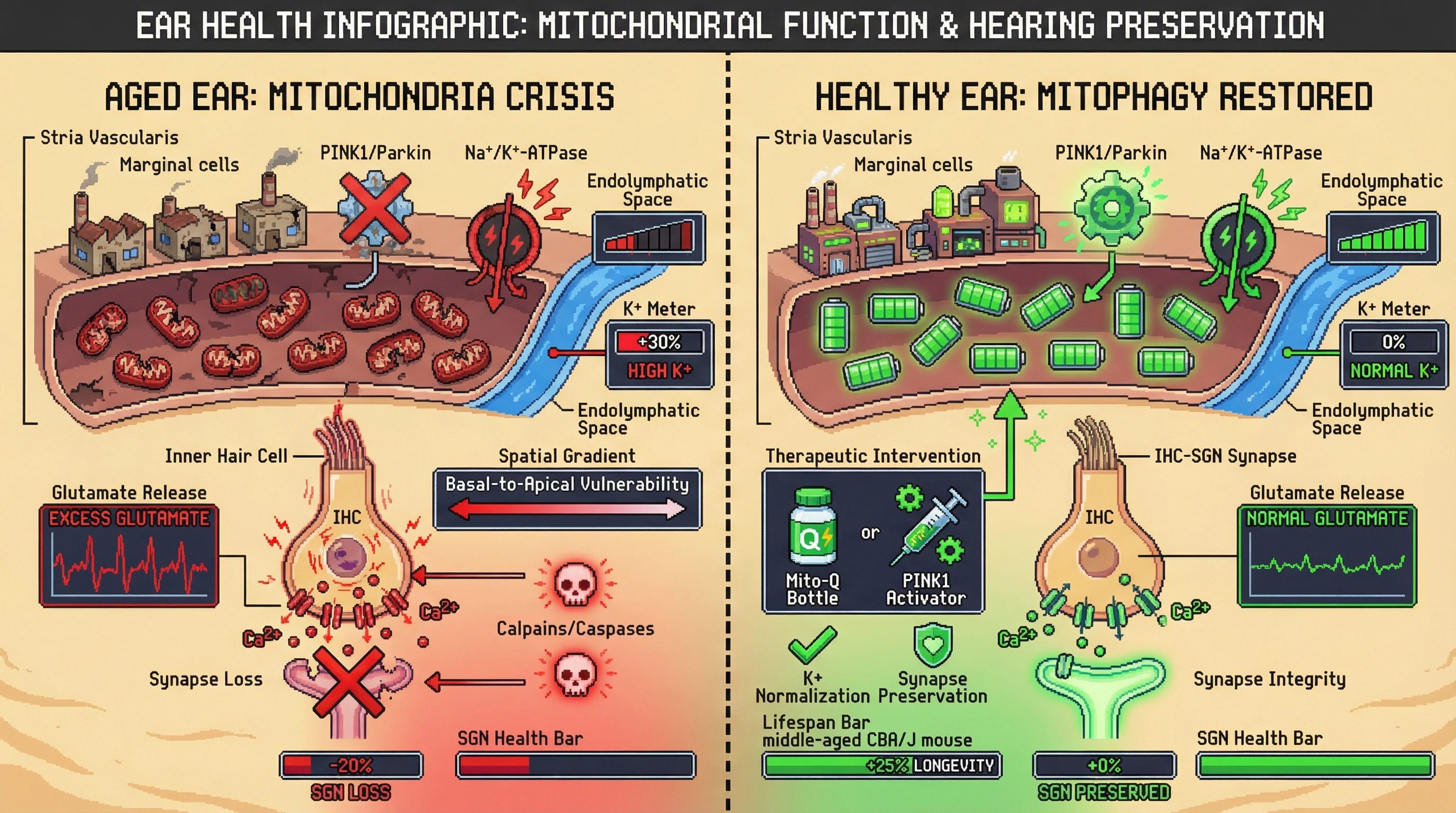 Mechanism: Age-related mitophagy failure in stria vascularis marginal cells leads to elevated endolymphatic K+ and excitotoxic glutamate release, damaging IHC-SGN synapses. Readout: Readout: Pharmacological rescue normalizes K+ levels, reduces glutamate, preserves synapses, and increases mouse lifespan by 25%.