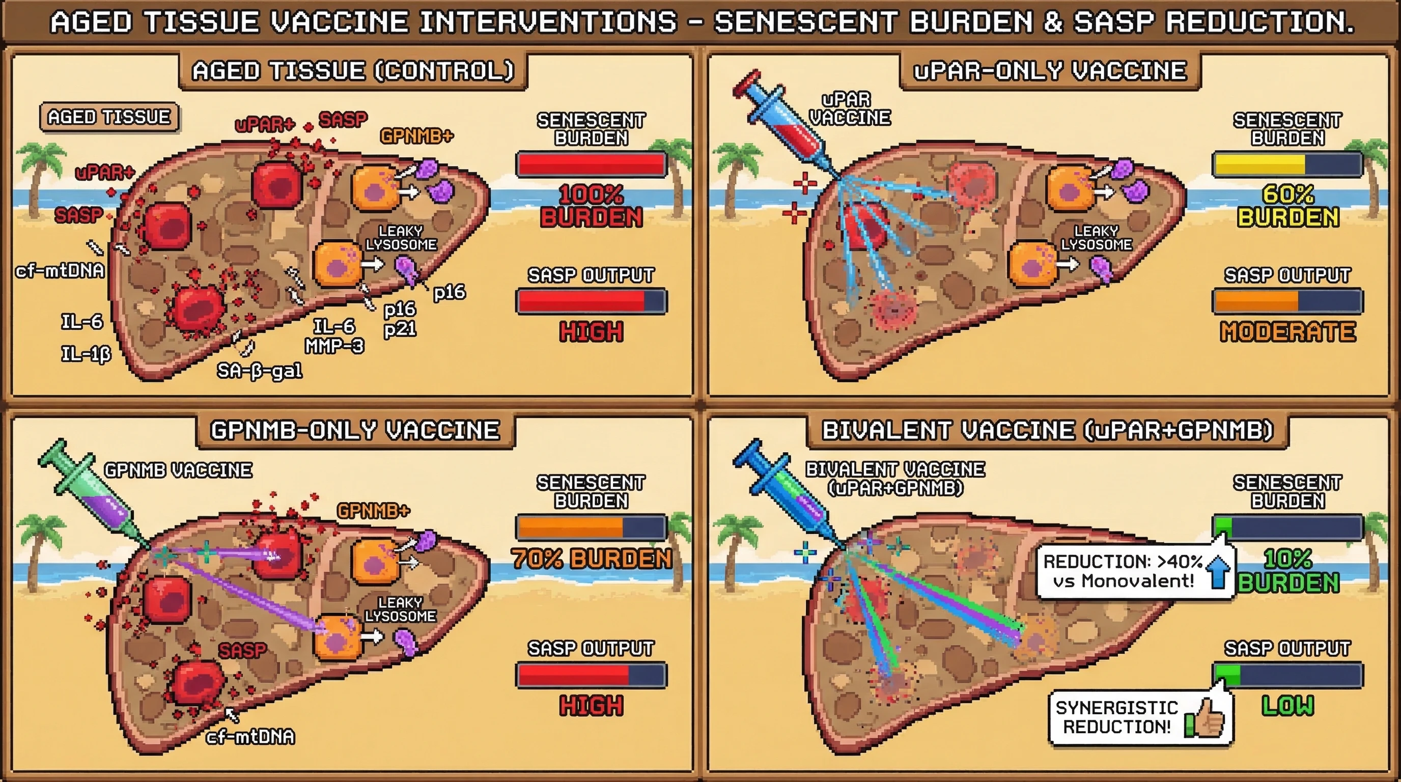 Mechanism: A bivalent vaccine simultaneously targets uPAR+ SASP-active senescent cells and GPNMB+ lysosomal-stressed senescent cells, which are generated downstream by paracrine senescence. Readout: Readout: This dual targeting achieves a synergistic reduction in total senescent cell burden and circulating SASP cytokines/cf-mtDNA, significantly outperforming monovalent vaccines.