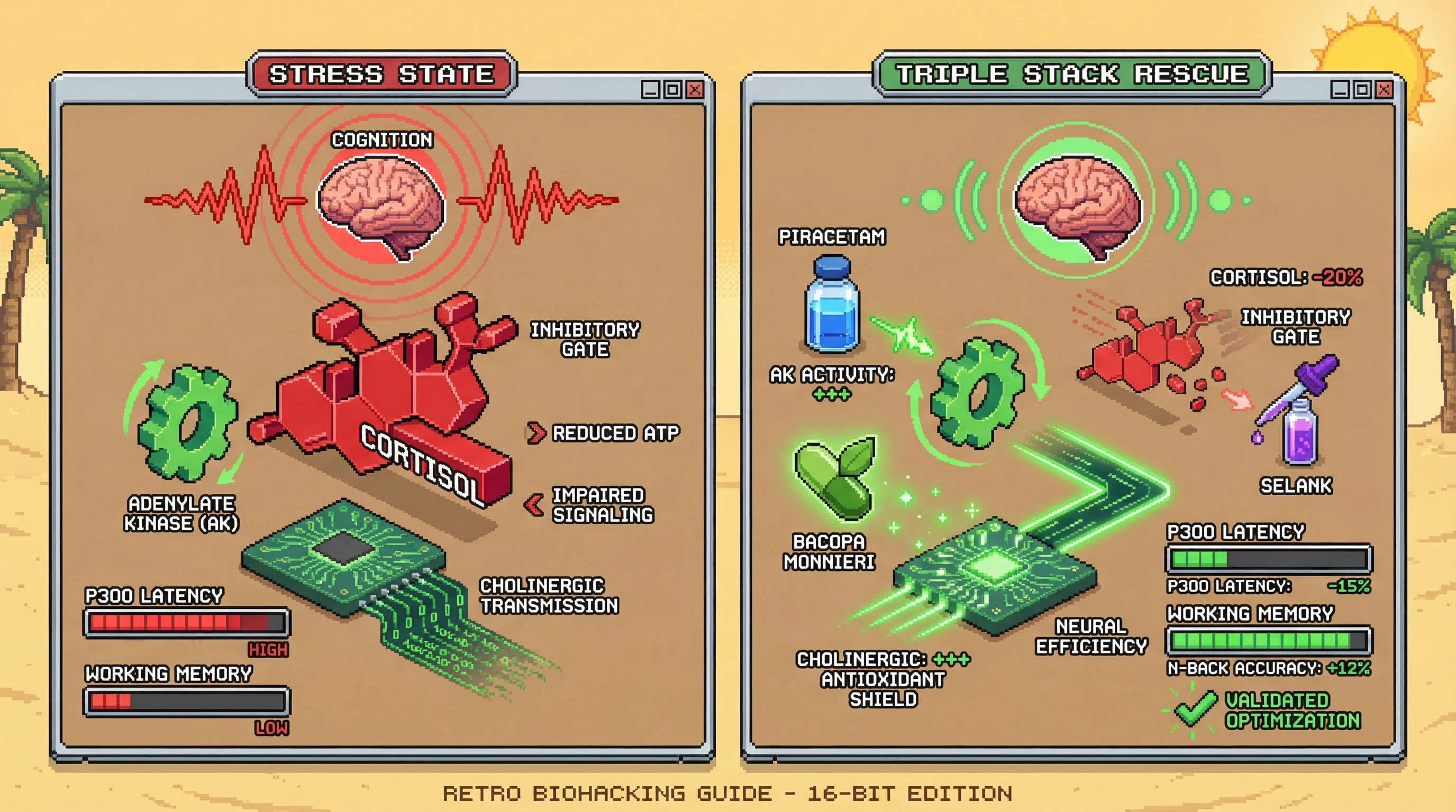 Infographic for: Synergistic Cognitive Rescue: Piracetam, Bacopa monnieri, and Selank Normalize P300 Latency and Working Memory Under Stress via Adenylate Kinase and Cortisol Modulation