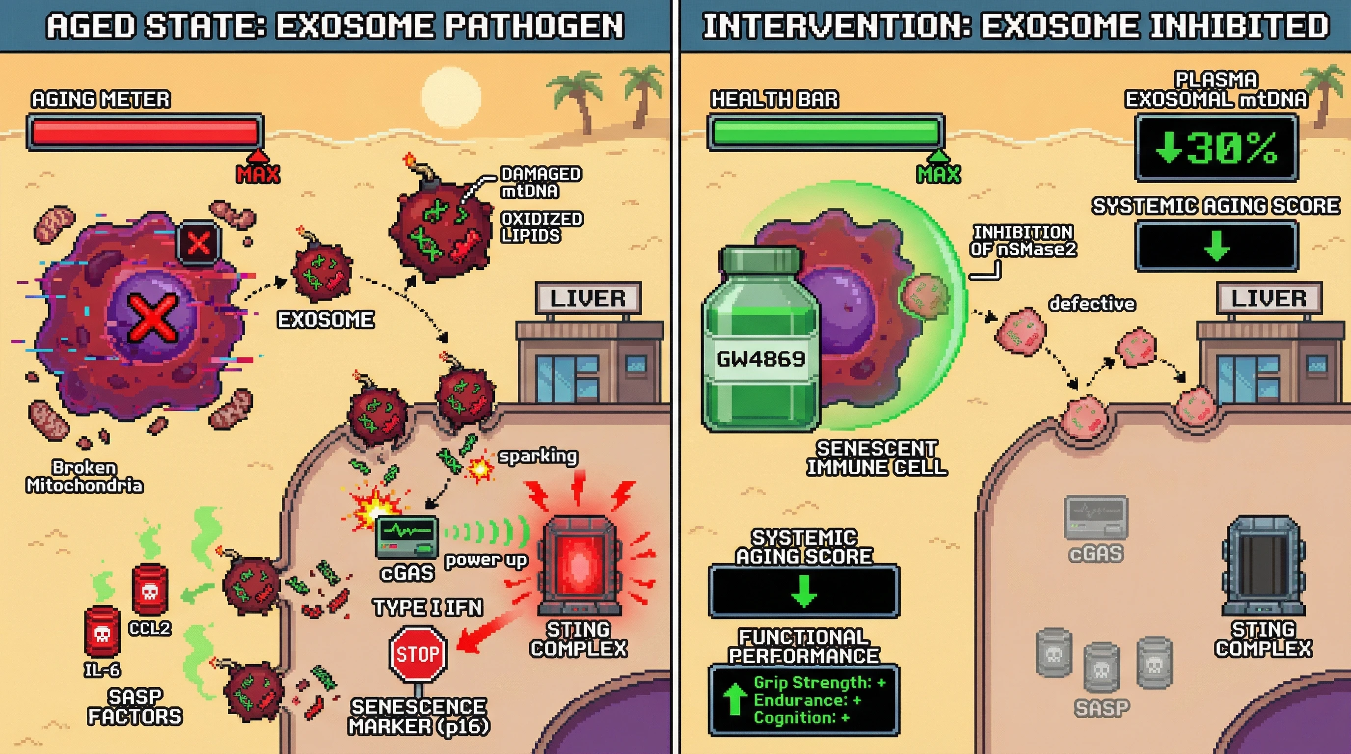 Mechanism: Immune cell exosomes transport damaged mitochondrial DNA to distant cells, activating the cGAS-STING pathway and promoting systemic aging. Readout: Readout: Inhibiting exosome biogenesis with GW4869 reduces exosomal mtDNA by ≥30%, decreases cGAS-STING signaling, lowers senescence markers, and improves functional performance.