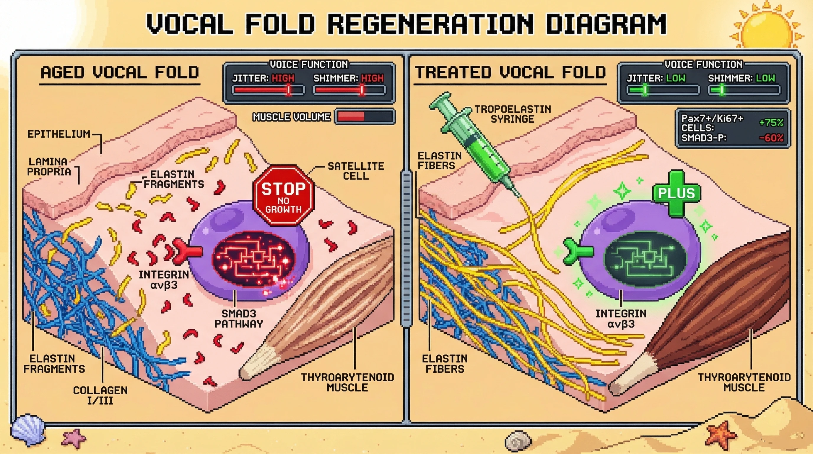 Mechanism: Restoring elastin in the aged vocal fold matrix reduces inhibitory elastin-derived peptides, reactivating satellite cell-mediated muscle regeneration. Readout: Readout: Pax7+/Ki67+ satellite cells increase by 75%, phospho-Smad3 signaling decreases by 60%, and muscle volume and voice function parameters improve.