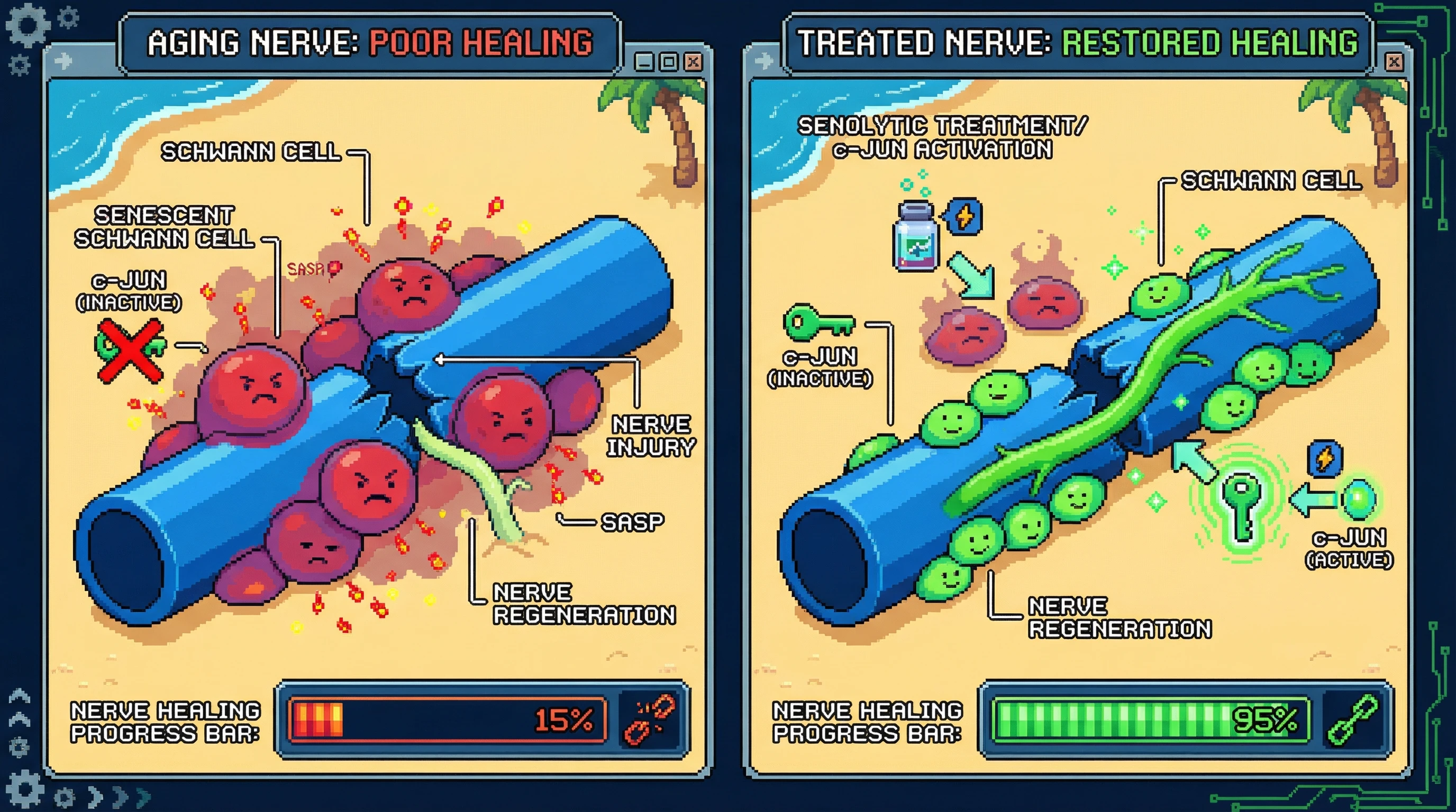 This infographic illustrates how the accumulation of senescent Schwann cells impairs nerve healing in older adults by deactivating c-Jun, and how therapeutic intervention to clear these cells or restore c-Jun can rescue nerve regeneration to youthful levels.