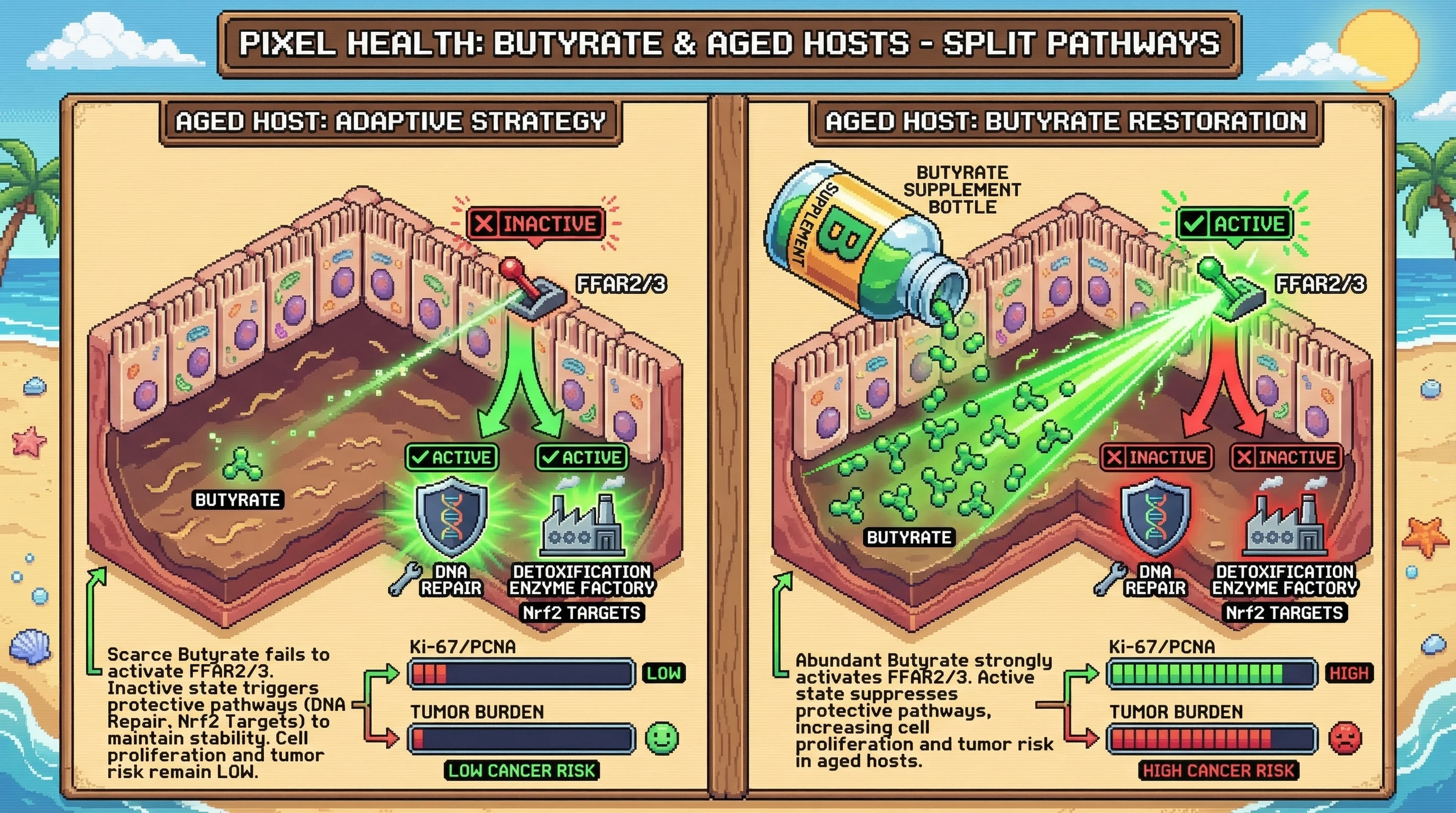 Mechanism: In aged hosts, declining butyrate reduces FFAR2/3 signaling, activating DNA repair and detoxification while restraining cell proliferation to lower cancer risk. Readout: Readout: Restoring butyrate in aged mice increases FFAR2/3 activation, reduces Nrf2 targets, elevates Ki-67, and significantly raises tumor burden in a colitis-associated cancer model.