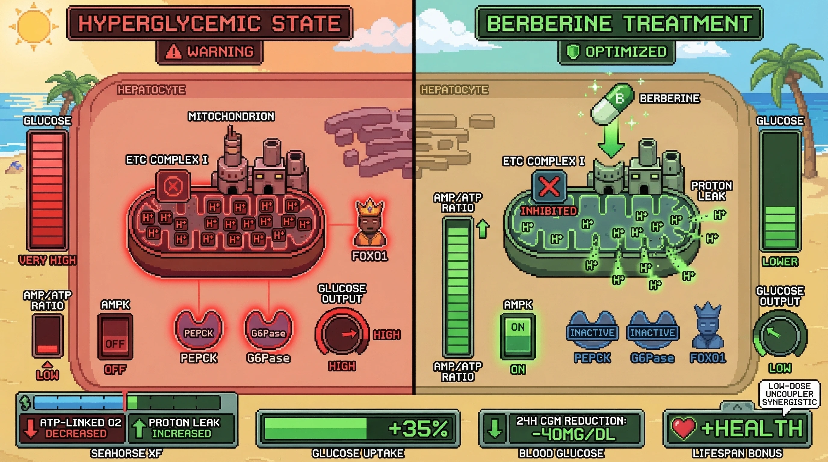 Infographic for: Berberine-induced mild mitochondrial uncoupling amplifies AMPK activation to enhance glucose clearance, especially in hyperglycemic individuals