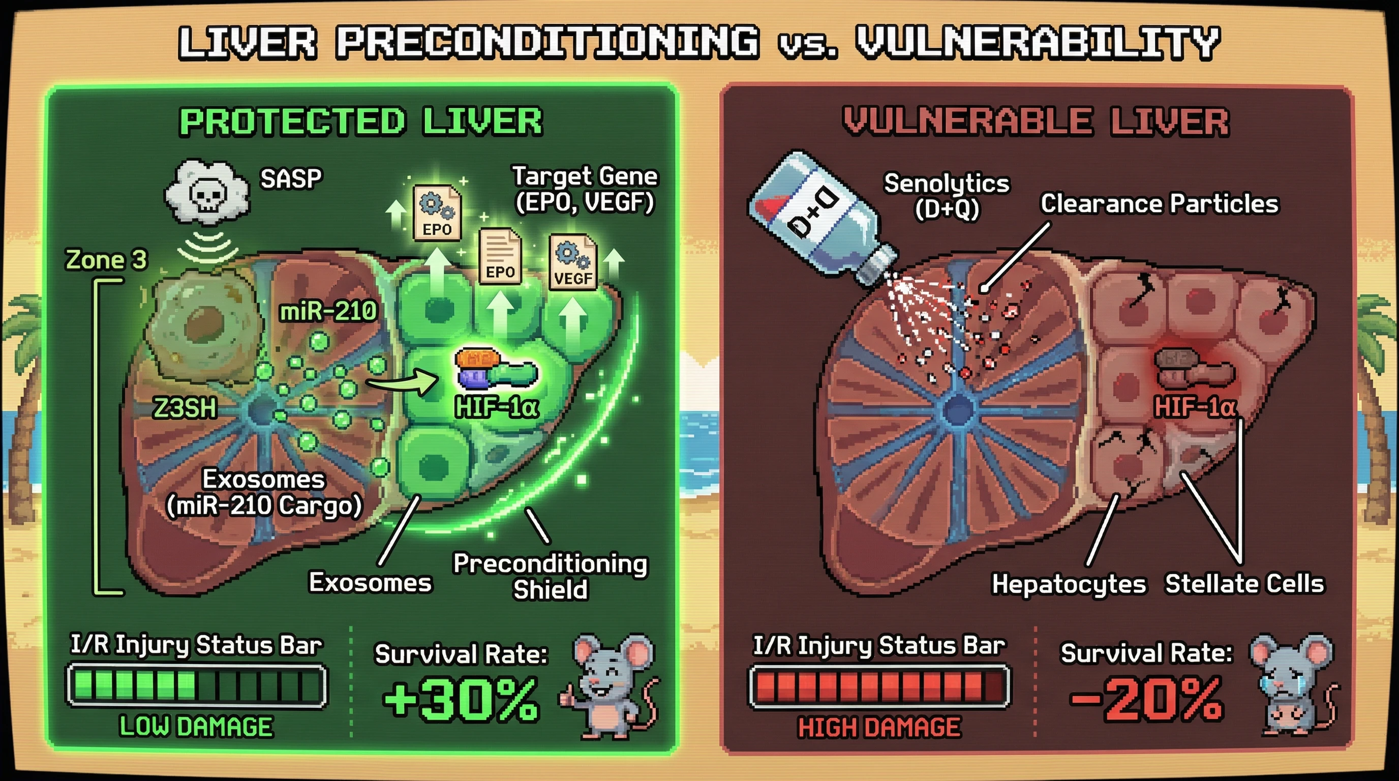 Infographic for: Zone 3 senescent hepatocytes regulate hypoxic preconditioning via exosomal miR-210, and their premature removal exacerbates reperfusion injury