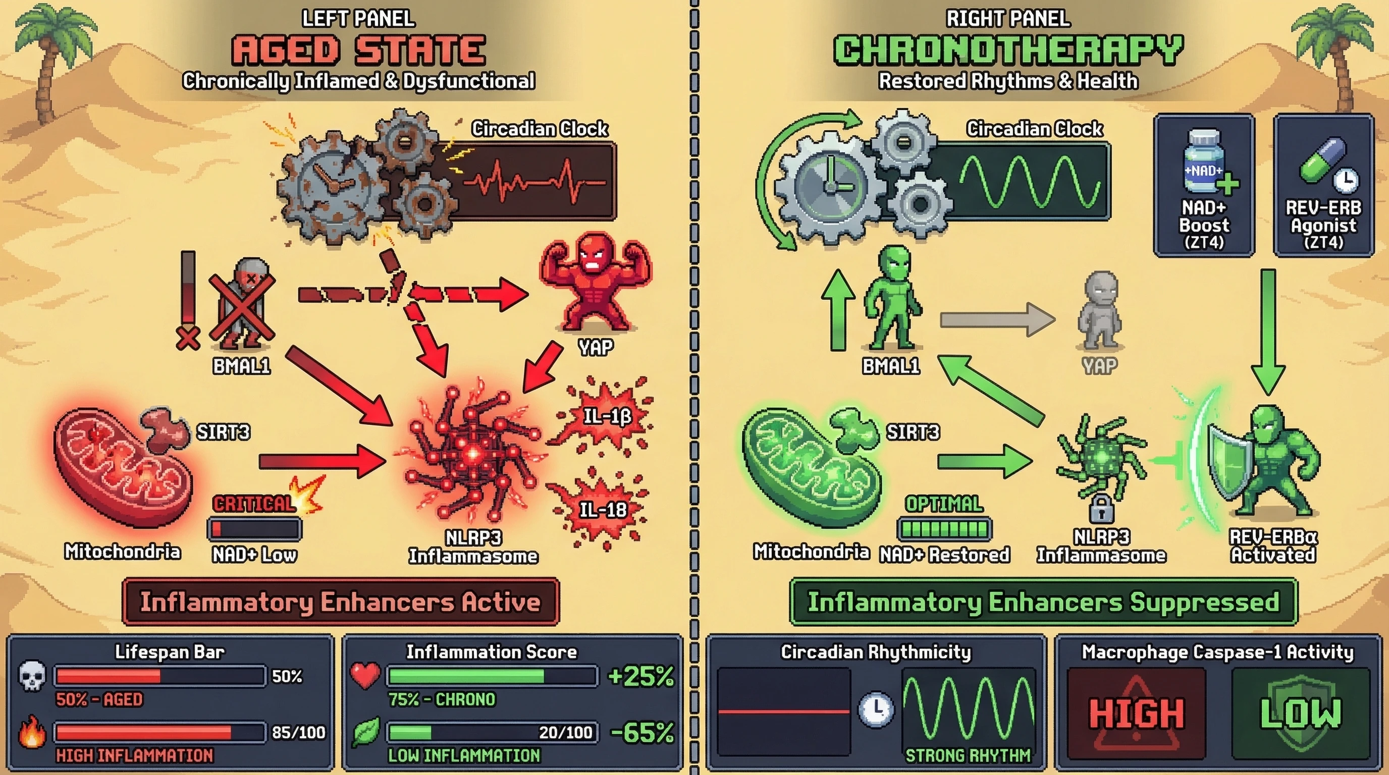 Infographic for: Timed NAD+ Boosting and REV-ERB Activation Disrupt the BMAL1‑YAP Inflammasome Switch in Aging