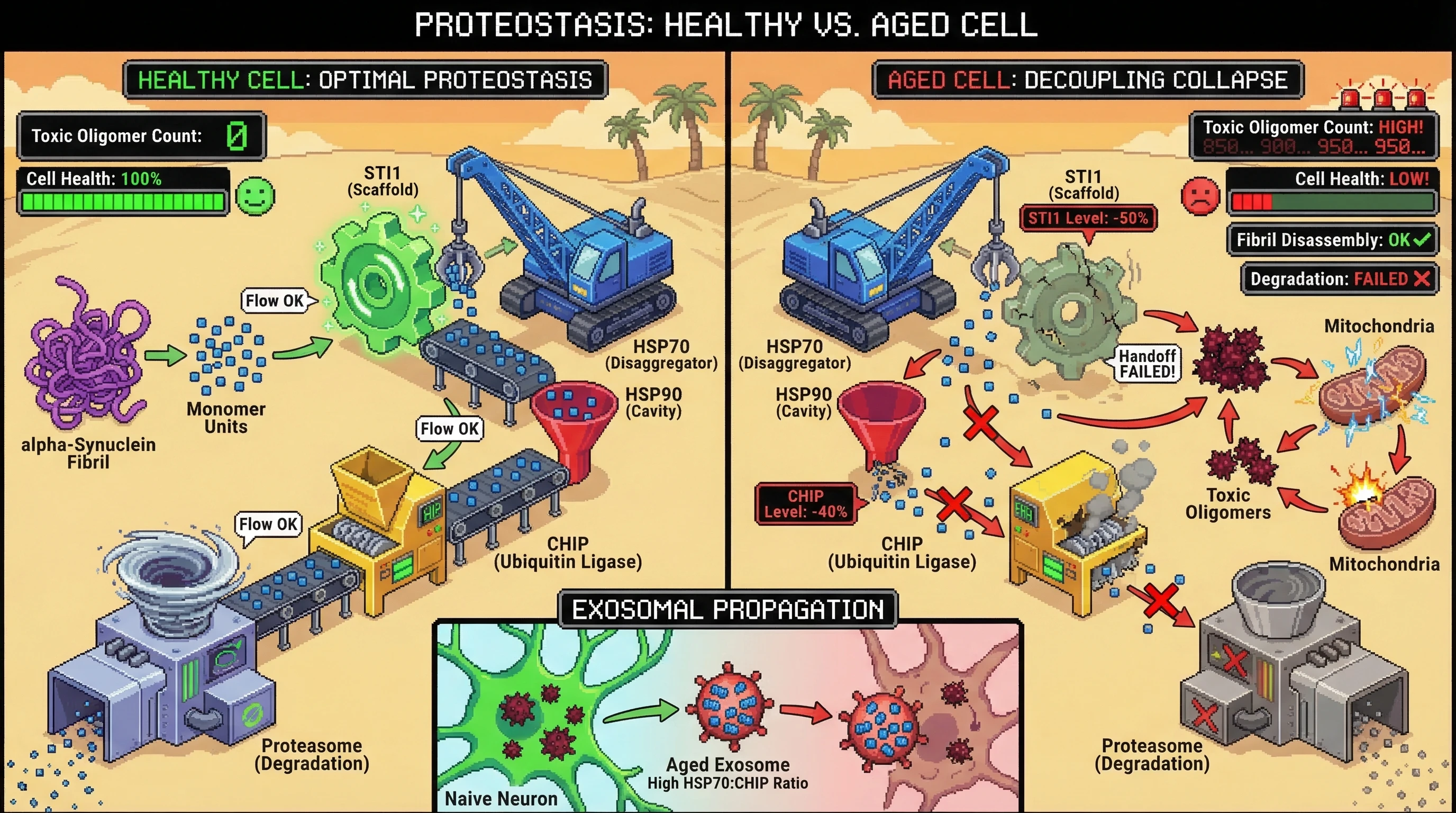 Mechanism: Age-related STI1 decline decouples HSP70-mediated fibril disaggregation from CHIP-mediated degradation, stranding monomers which re-aggregate into toxic oligomers. Readout: Readout: Toxic oligomer count increases significantly, leading to reduced cell health and the propagation of proteostasis imbalance via exosomes.