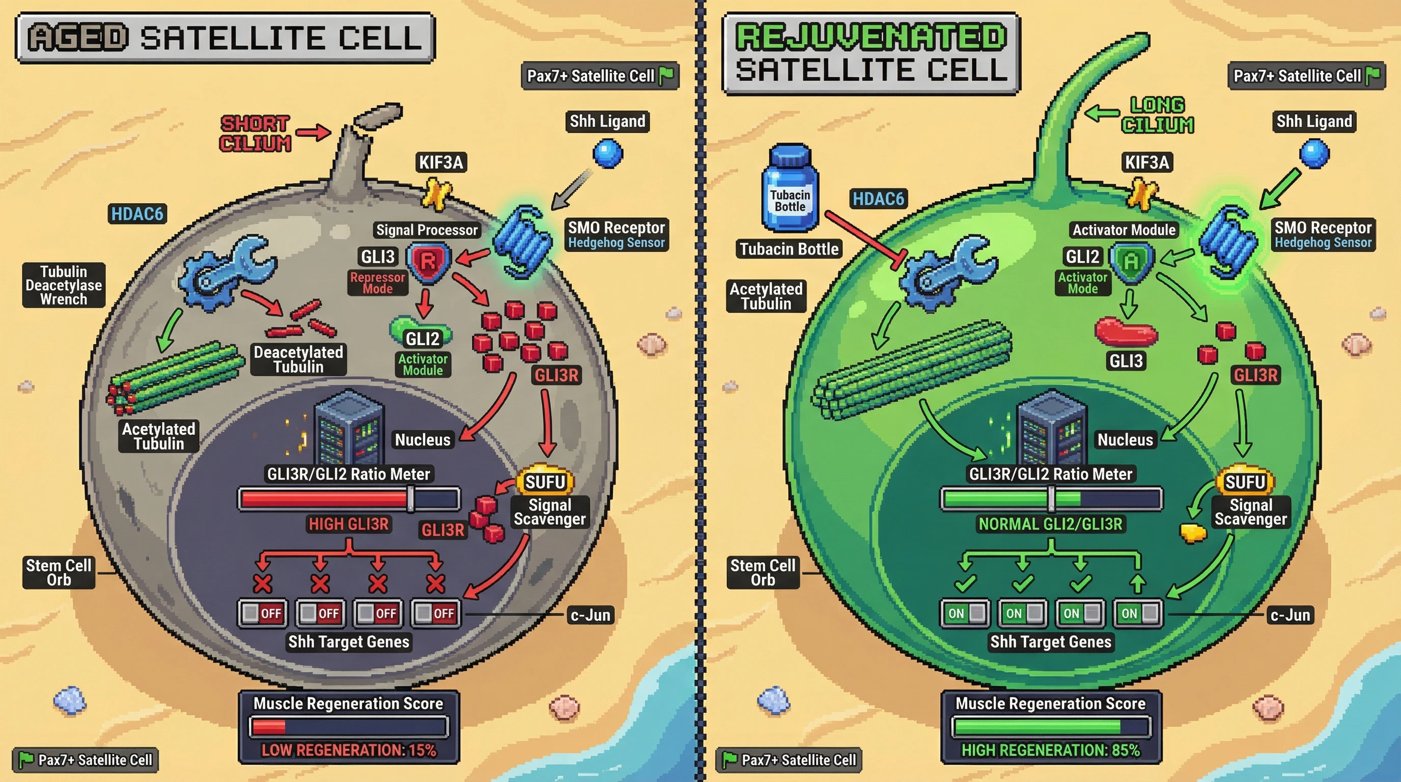 Infographic for: Cilia-dependent GLI2/GLI3 rebalancing as a prerequisite for SMO agonist–mediated rejuvenation of aged satellite cell niche