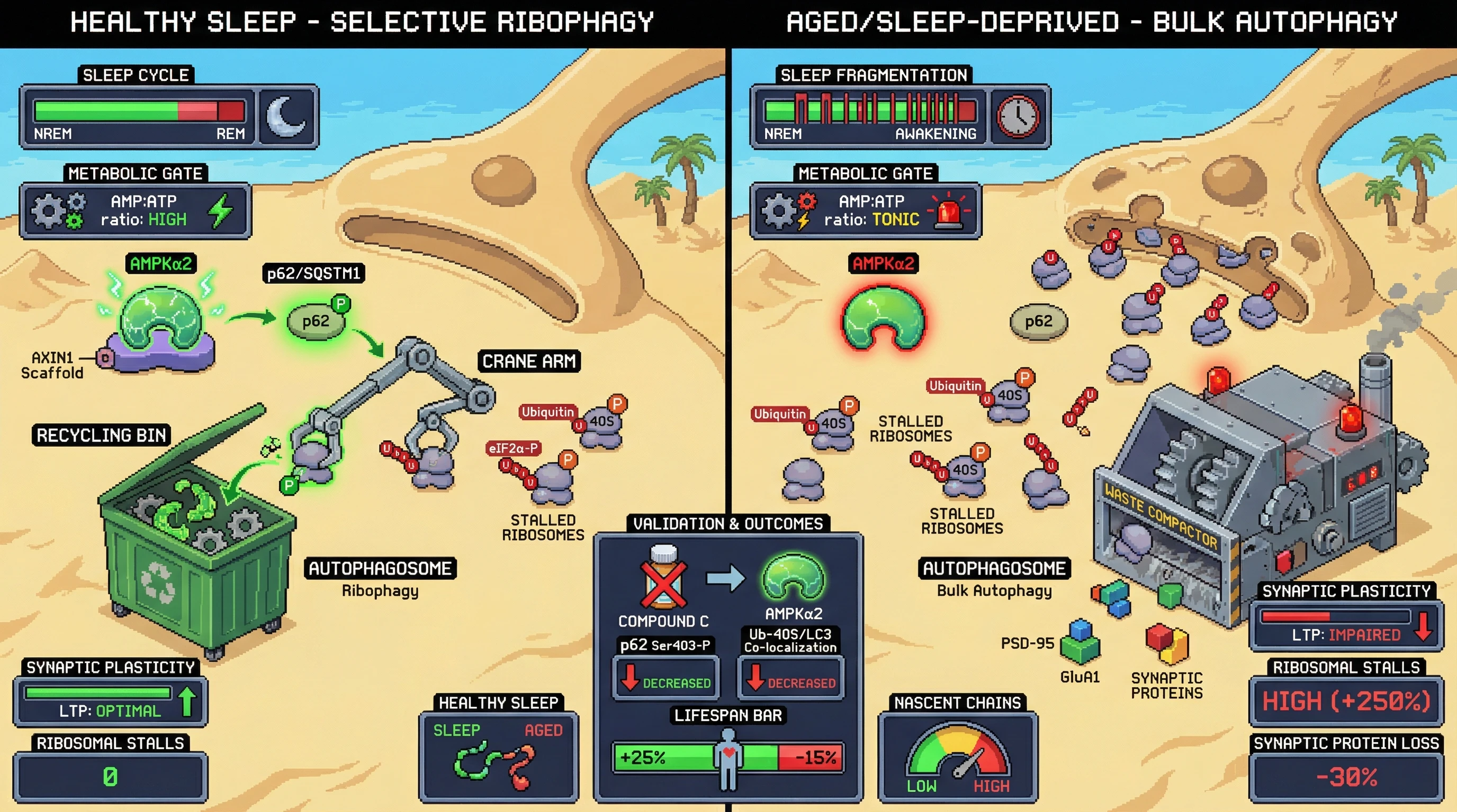 Mechanism: During healthy sleep, pulsed AMPK activity phosphorylates p62/SQSTM1, enabling selective ribophagy of stalled ribosomal complexes. Readout: Readout: This prevents proteotoxic buildup, maintaining synaptic plasticity, while aged/sleep-deprived brains show impaired ribophagy and synaptic protein loss.