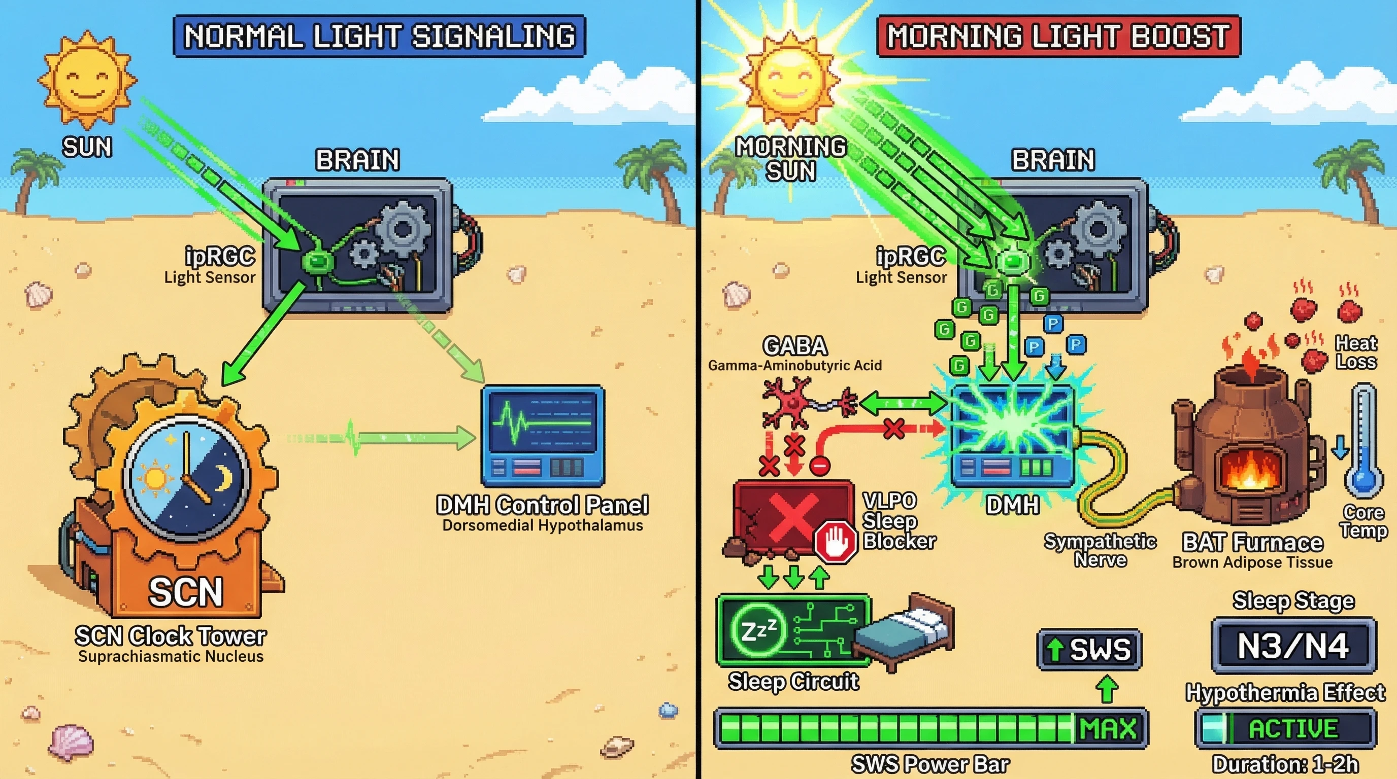 Mechanism: Morning light activates non-SCN ipRGCs projecting to the DMH, triggering hypothermia and disinhibiting sleep-promoting circuits. Readout: Readout: Core body temperature decreases by ~0.3°C, leading to a significant increase in Slow-Wave Sleep (SWS) power.