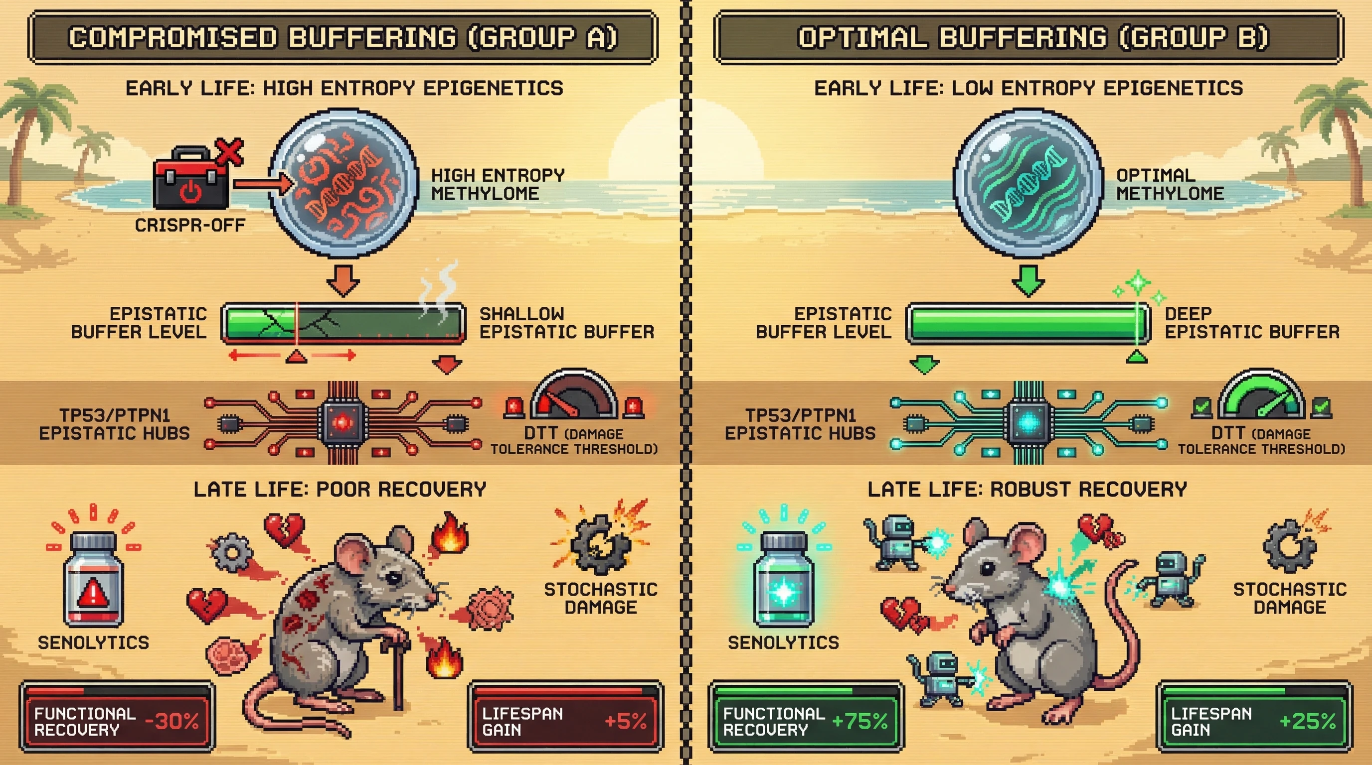 Mechanism: Early-life epigenetic programming determines the 'depth' of epistatic buffering networks, which then sets an individual's Damage Tolerance Threshold (DTT) for late-life stochastic damage. Readout: Readout: Mice with compromised early-life programming show significantly poorer functional recovery and reduced lifespan gains when treated with senolytics compared to optimally programmed mice.