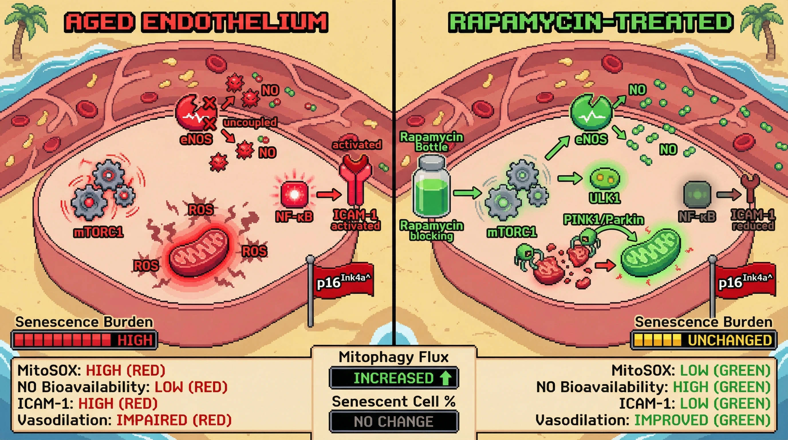 Mechanism: Rapamycin inhibits mTORC1, activating mitophagy to selectively remove damaged mitochondria, reducing mitochondrial ROS, and restoring eNOS coupling to increase NO bioavailability. Readout: Readout: MitoSOX and ICAM-1 decrease, NO-dependent vasodilation improves, while p16^Ink4a^+ and SA-β-gal+ cell frequency remains unchanged.