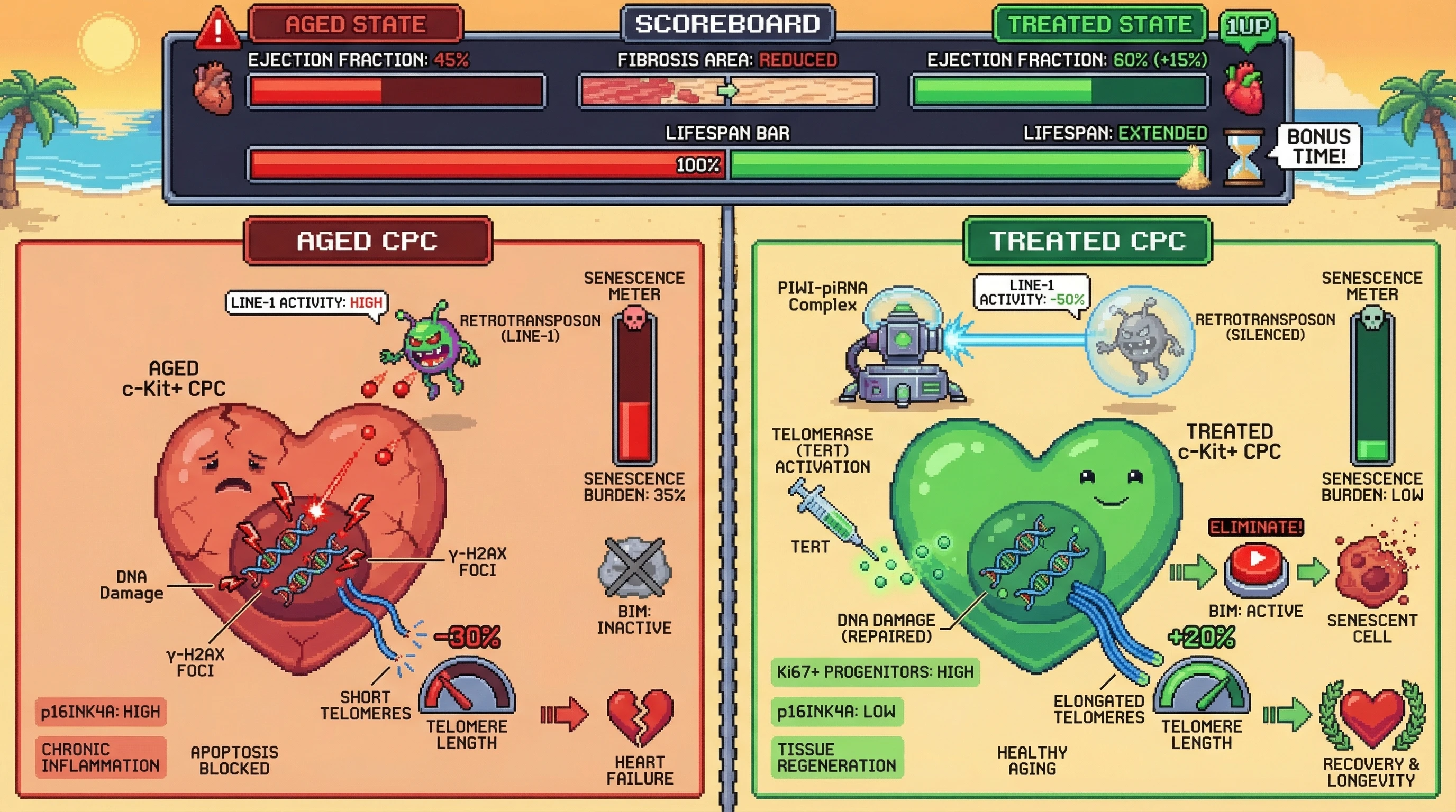 Mechanism: Concurrent activation of PIWI-piRNA and telomerase in cardiac progenitor cells, coupled with BIM-induced apoptosis, clears senescent cells and restores regenerative capacity. Readout: Readout: LINE-1 activity decreases by 50%, telomere length increases by 20%, and ejection fraction improves by 15% in treated aged mice.