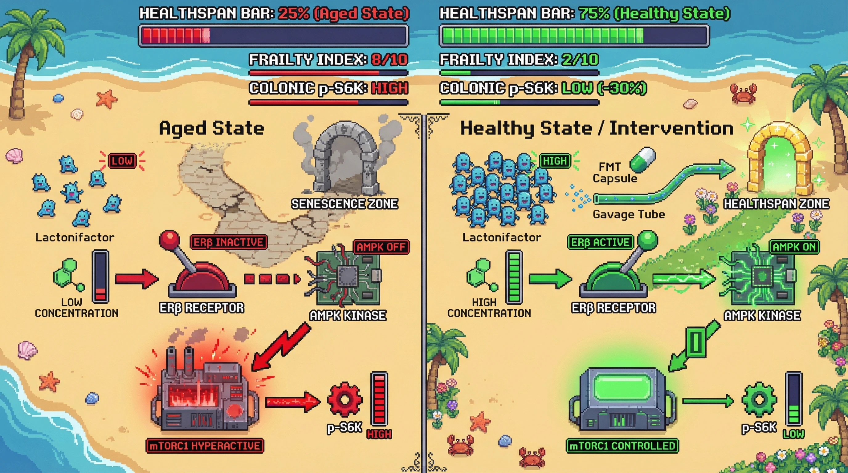 Infographic for: Equol-producing gut microbiota suppress mTORC1 via ERβ-dependent induction of AMPK, linking microbiome stability to cellular survival mode