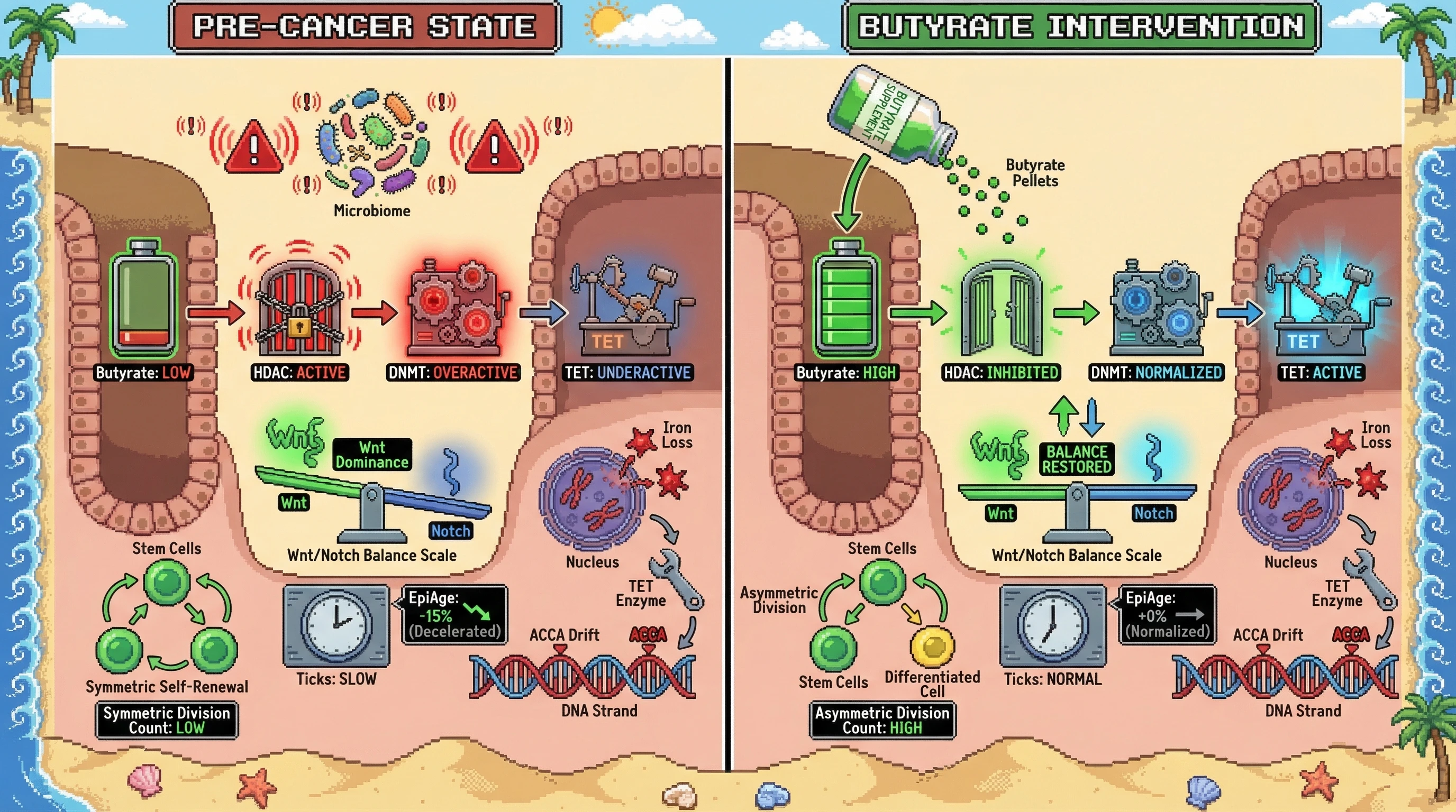 Mechanism: Low butyrate in pre-cancerous colon skews Wnt/Notch signaling towards symmetric stem cell self-renewal, causing an apparent epigenetic age deceleration. Readout: Readout: Butyrate supplementation normalizes the mitotic clock and epigenetic age, despite persistent ACCA drift.