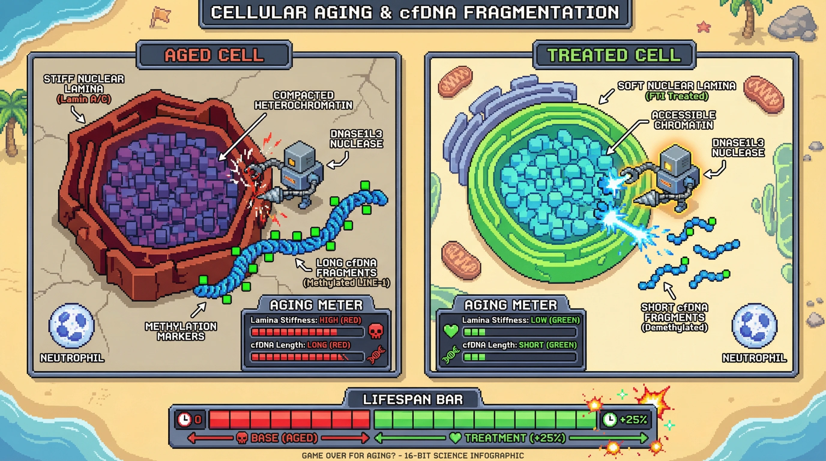 Infographic for: Nuclear Lamina Stiffness Modulates cfDNA Fragment Length and Methylation via Cell-Type‑Specific Release of Heterochromatin‑Associated DNA