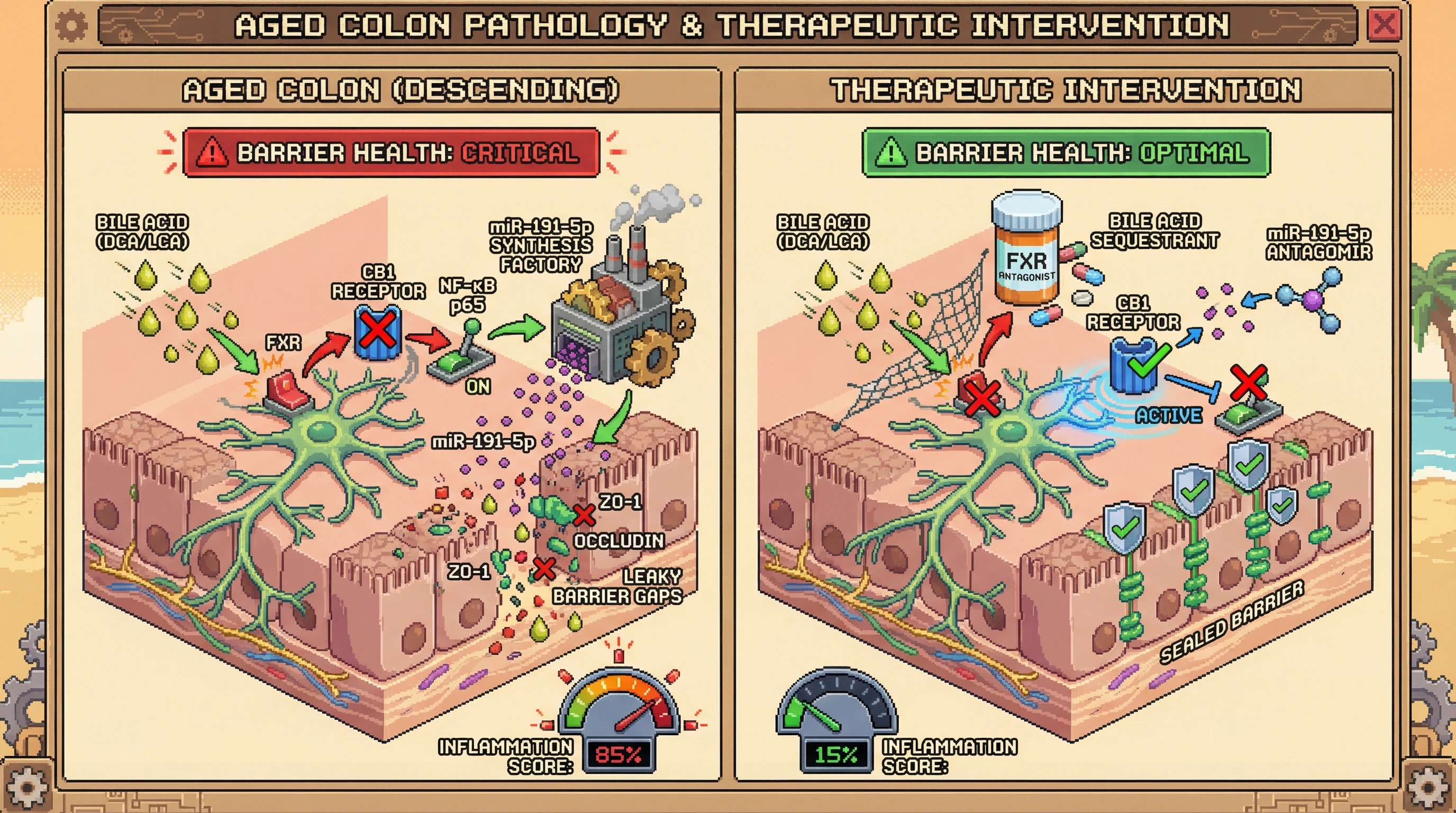 Mechanism: In the aged descending colon, high bile acids activate FXR, repressing CB1 receptor and increasing miR-191-5p, which degrades tight junction proteins ZO-1 and occludin. Readout: Readout: Therapeutic interventions like FXR antagonism or miR-191-5p antagomirs restore tight junctions and reduce inflammation scores from 85% to 15%.