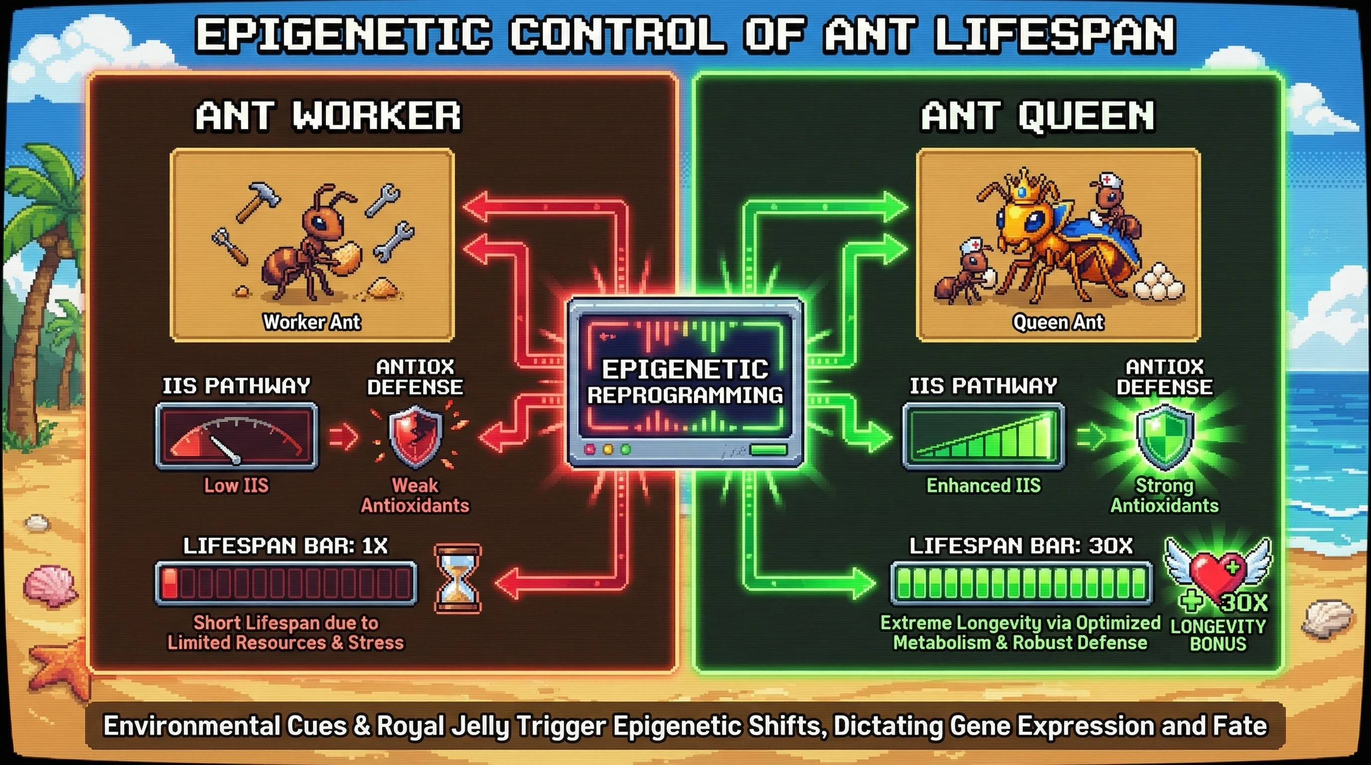Mechanism: Epigenetic reprogramming in ant queens enhances insulin/IGF-1 signaling and antioxidant defenses, distinct from worker ants. Readout: Readout: This leads to a dramatic 30x increase in the queen's lifespan compared to workers.