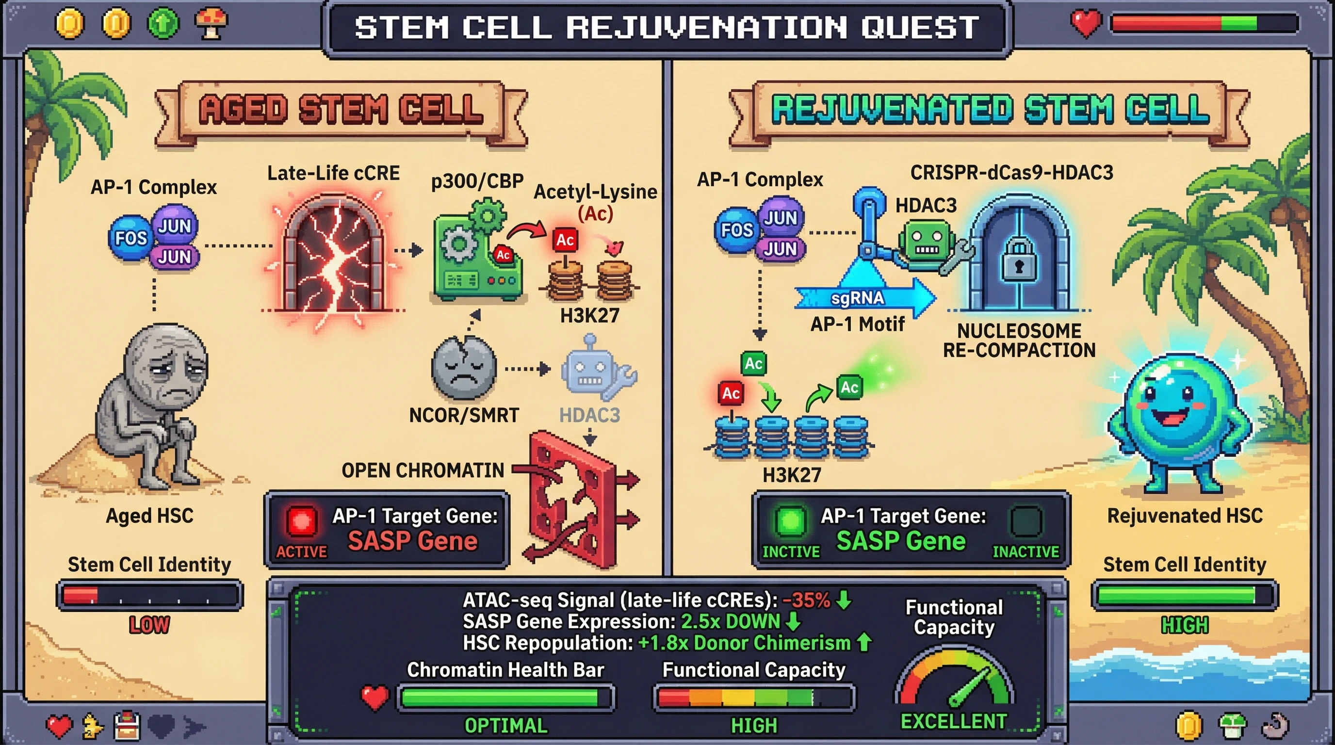 Infographic for: AP-1–Driven Chromatin Hijacking Can Be Reversed by Targeted HDAC3 Recruitment to Late-Life cCREs in Aged Stem Cells