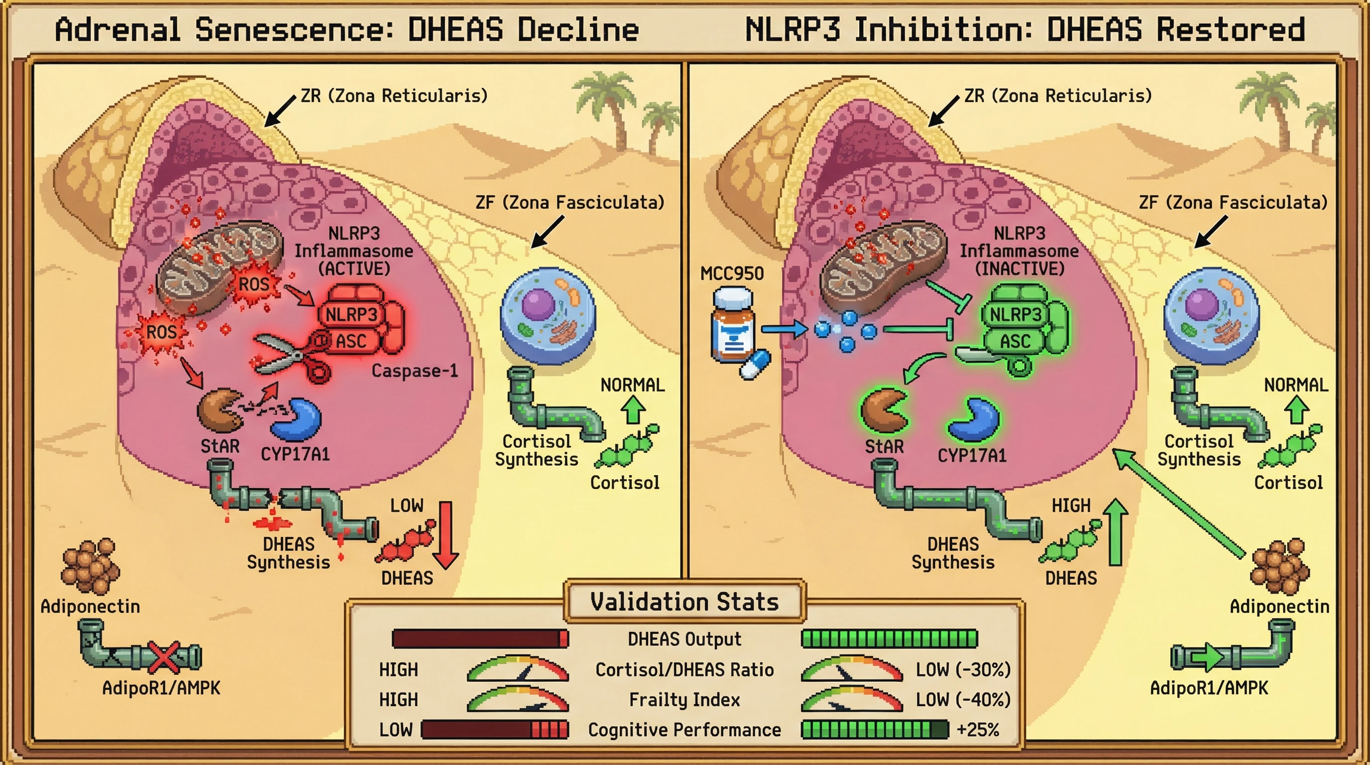 Infographic for: Adrenal Zona Reticularis Senescence Is Driven by NLRP3 Inflammasome Activation Secondary to Mitochondrial ROS, and Its Inhibition Preserves DHEAS Secretion Without Altering Cortisol Rhythm