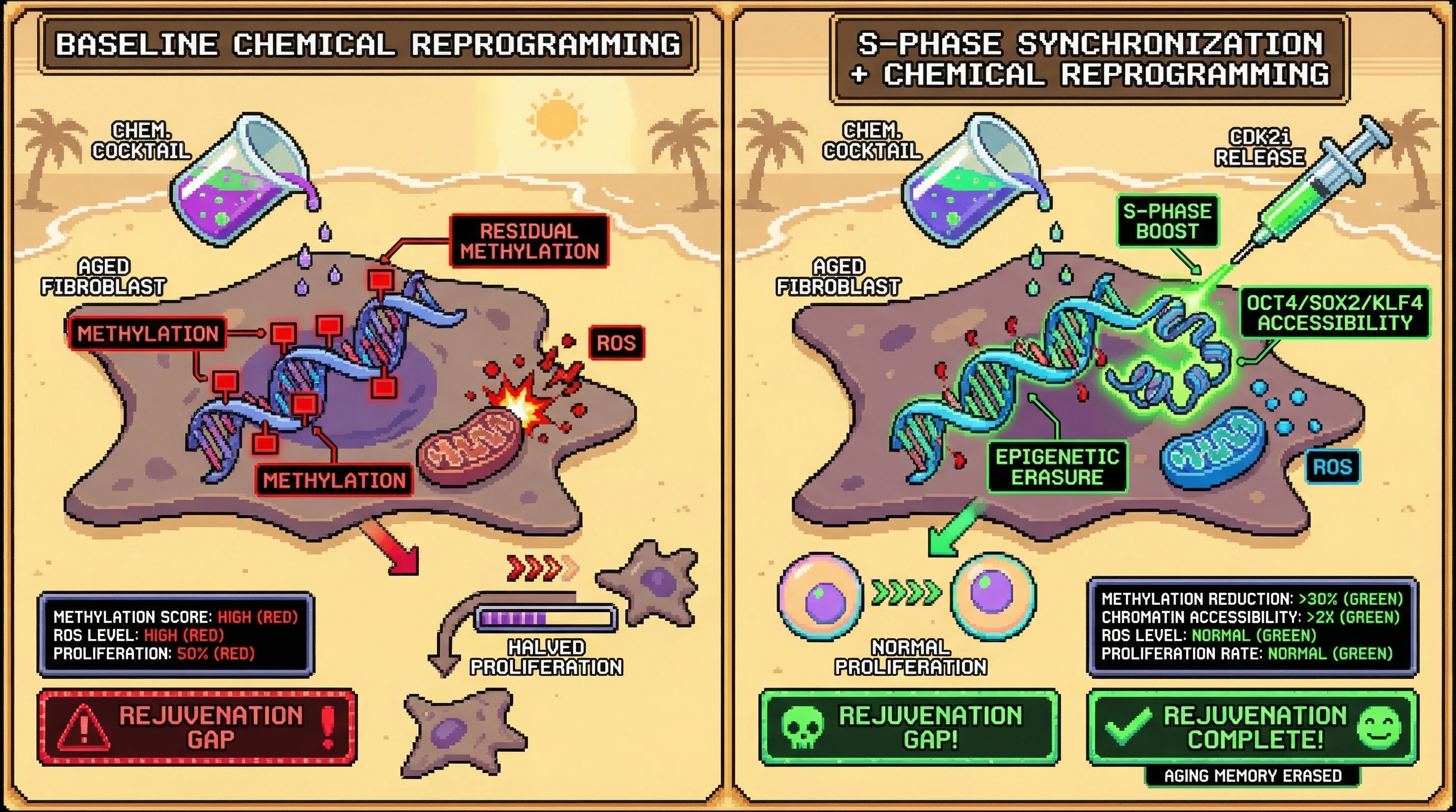 Mechanism: Transient S-phase synchronization during chemical reprogramming enhances replication-coupled chromatin disassembly, leading to more complete epigenetic erasure and metabolic normalization. Readout: Readout: Residual methylation decreases by over 30%, chromatin accessibility at pluripotency loci increases by 2-fold, and ROS levels and proliferation rates become indistinguishable from fully reprogrammed iPSCs.